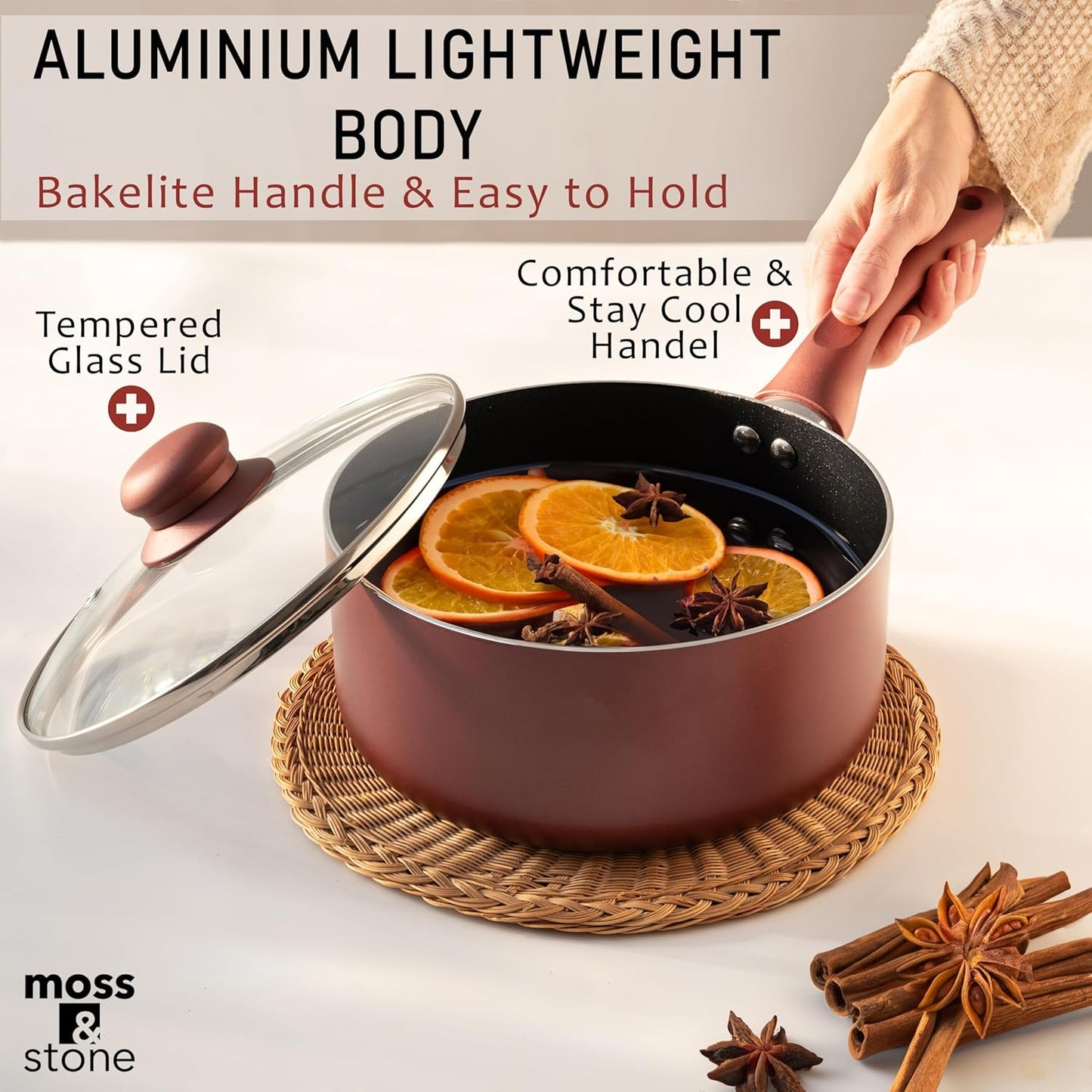 Moss & Stone 6 Pcs Nonstick Cookware Set, Pots And Pans Set Non stick With Glass Lid, Induction Cookware, Stay-Cool Handle PTFE/PFOA Kitchen Pots 6-Piece with Frying Pans & Saucepan, Burgundy