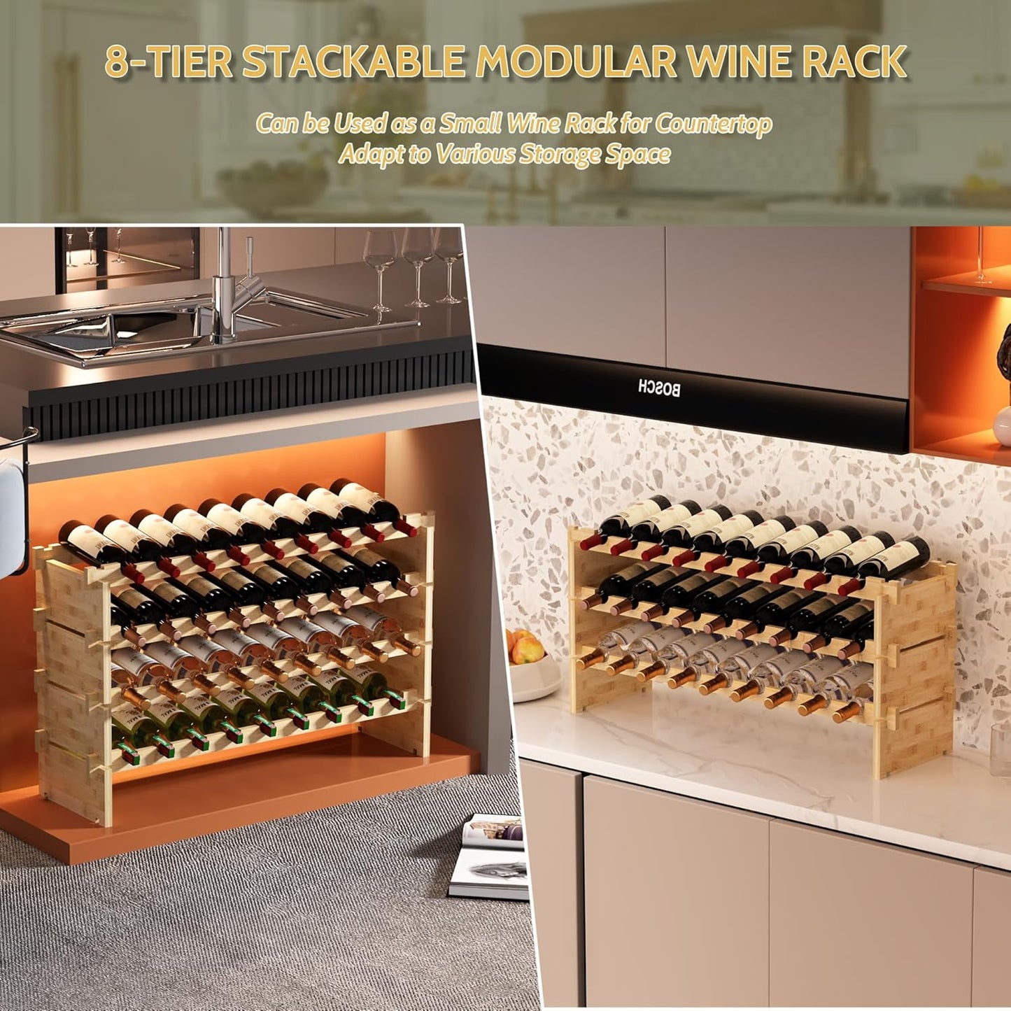 Wine Rack Freestanding Floor, Bamboo 8-Tier 69 Wine Bottle Holder Racks Countertop Cabinet Display, Wooden Stackable Modular Wine Storage Organizer Shelves for Kitchen Bar Cellar Dining Room Natural
