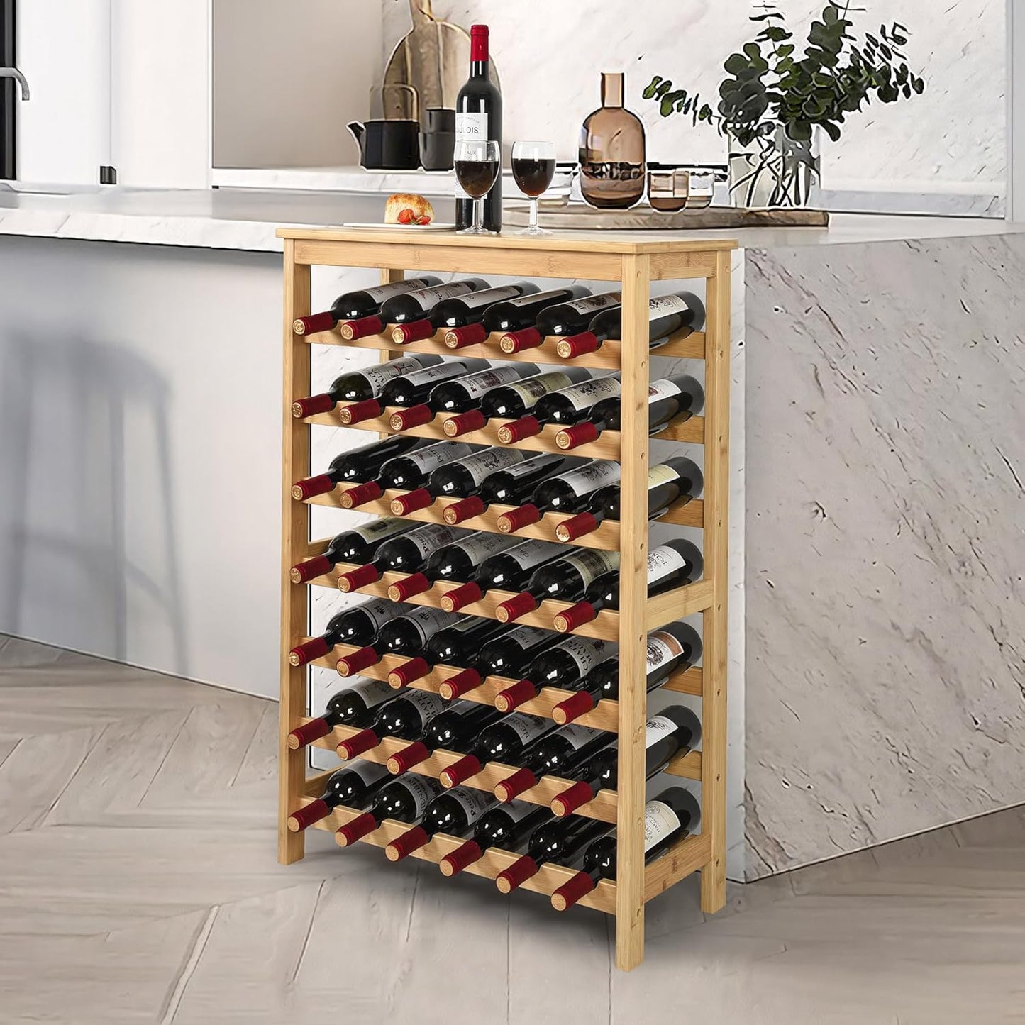 VASMIA 42 Bottles Bamboo Wine Rack,7-Tier Wine Rack Freestanding Floor with Table Top, Wine Storage Shelf for Kitchen Dining Room Bar,Natural