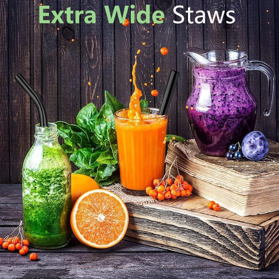 Vinaco Reusable Wide Mouth Straws - 8.5" & 10.5" Stainless Steel, Set of 4 with CleanerBrush, Black Metal Straws forThicker Drinks
