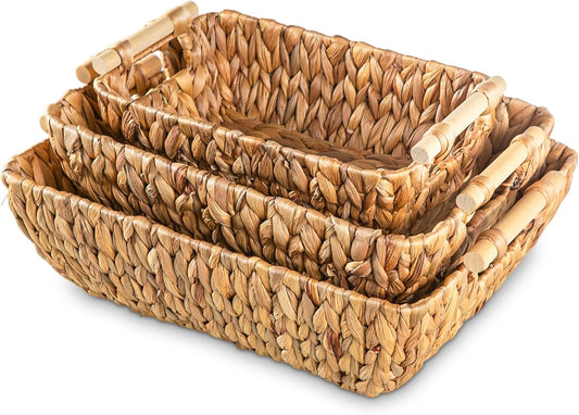 Woven Storage Baskets – Set of 3 Handwoven Water Hyacinth Wicker Baskets with Wooden Handles for Organizing, Decorative Baskets for Laundry Room, Home Decor - Large, Medium & Small