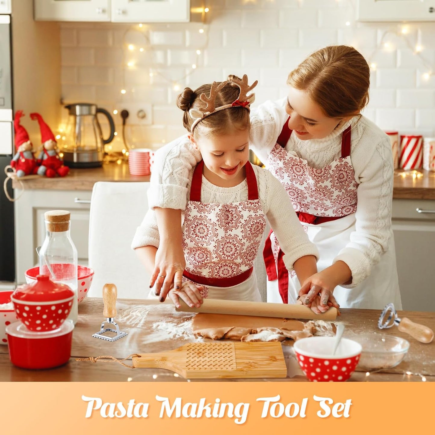 Tioncy 7 Pcs Gnocchi Pasta Making Tool, Wood Gnocchi Board with Ravioli Stamp and Rolling Pin Set Homemade Kitchen Gift for Baking Lovers(Plaid and Stripe Style)