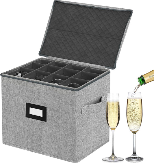 VERONLY Champagne Flute Storage Box with Dividers, Champagne Glass Storage Container, Hard Shell Stemware Storage Case Organizer for 12 Crystal Champagne Flutes Storage and Organization (Grey)