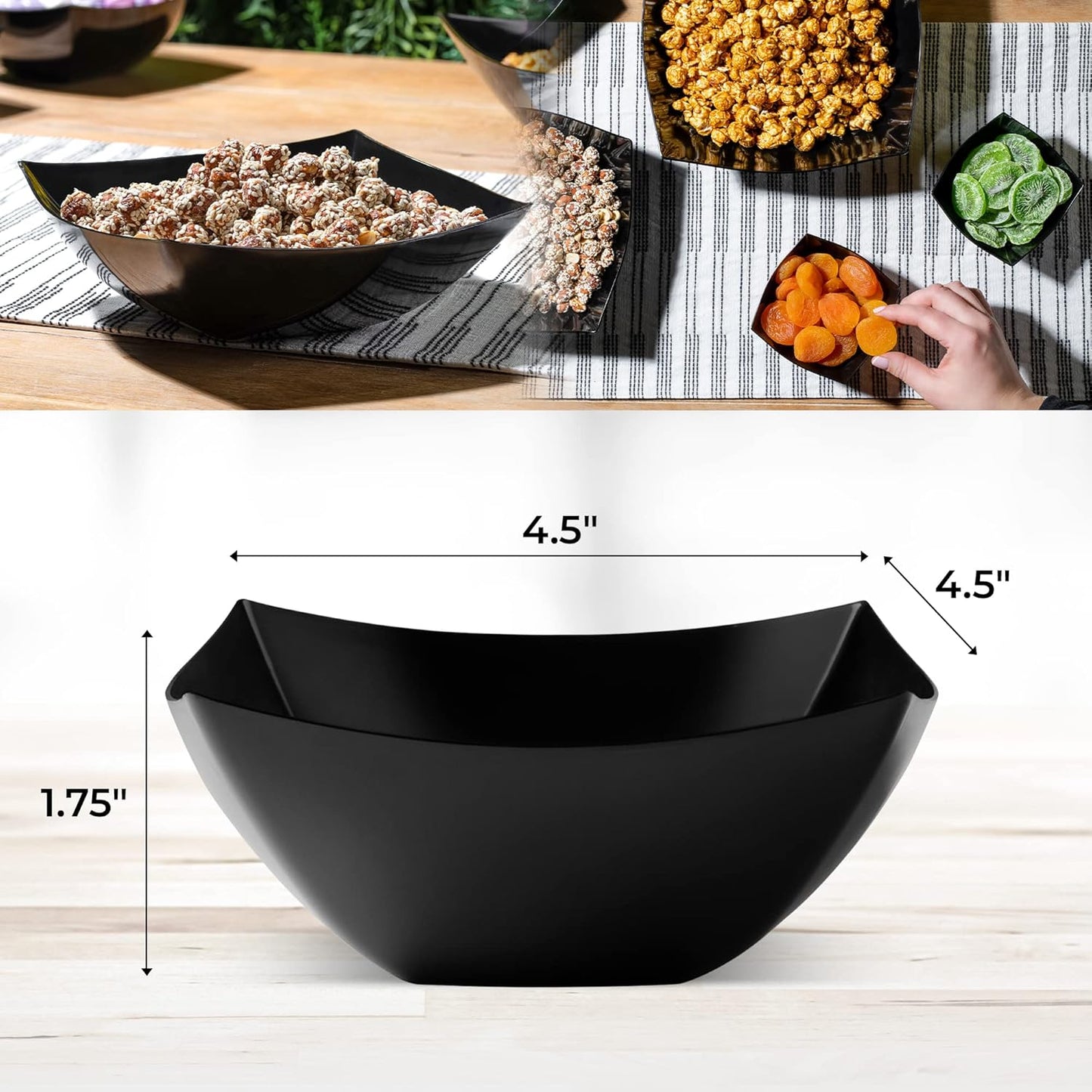 Posh Setting - Black Plastic Serving Bowls for Party (8oz - 4 Pack) Square Bowls, Disposable Chip Bowls, Candy Bowls for Party Table, Salad & Fruit Bowls for Party, Candy Containers for Candy Buffet