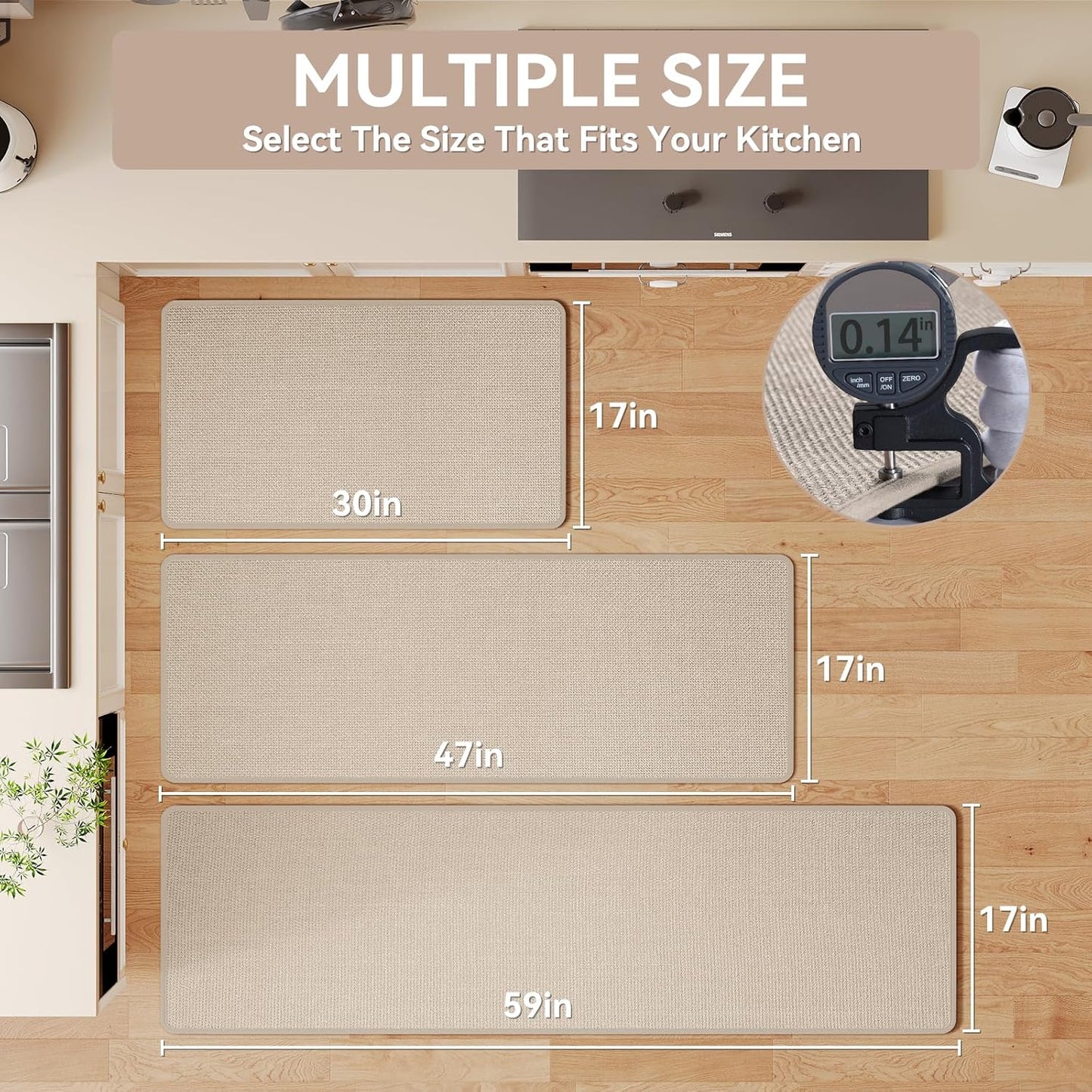 Kitchen mats for Floor Water and Oil Absorbent Runner Rugs for Kitchen, Kitchen Mat in Front of Sink,Non-Slip Kitchen Rugs,Durable Imitation Linen Kitchen Rug Beige 17x30+17x47