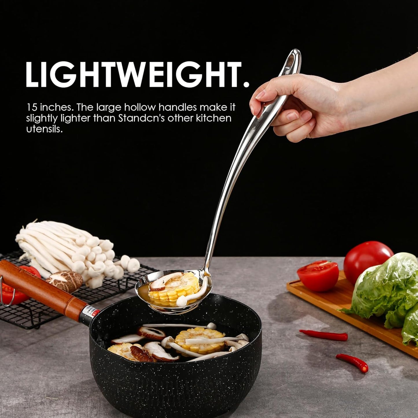 18/10 Stainless Steel Cooking Utensils Set with Holder, 7-Pieces All Metal Kitchen Utensils, 15’’ Long Kitchen Tools with Countertop Rotating Stand, Spatula, Ladle, Skimmer, Tunner, Pasta, Large Spoon