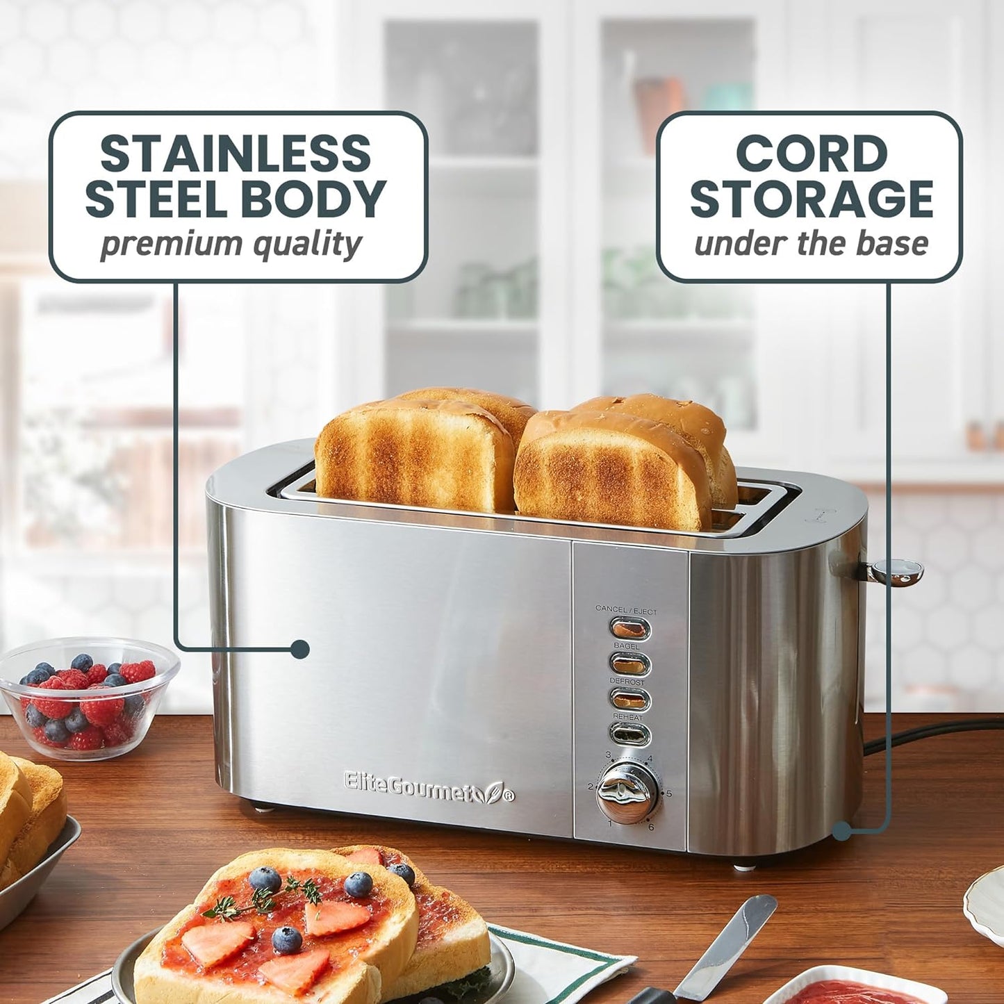 Elite Gourmet ECT4123X Long Slot 4 Slice Toaster, Extra Wide 1.5" and 5.1" Deep Slots, Bagel, Defrost & Cancel Functions, 6 Toast Shade Settings, Fits Bagels, Waffles, Artisan Breads, Stainless Steel