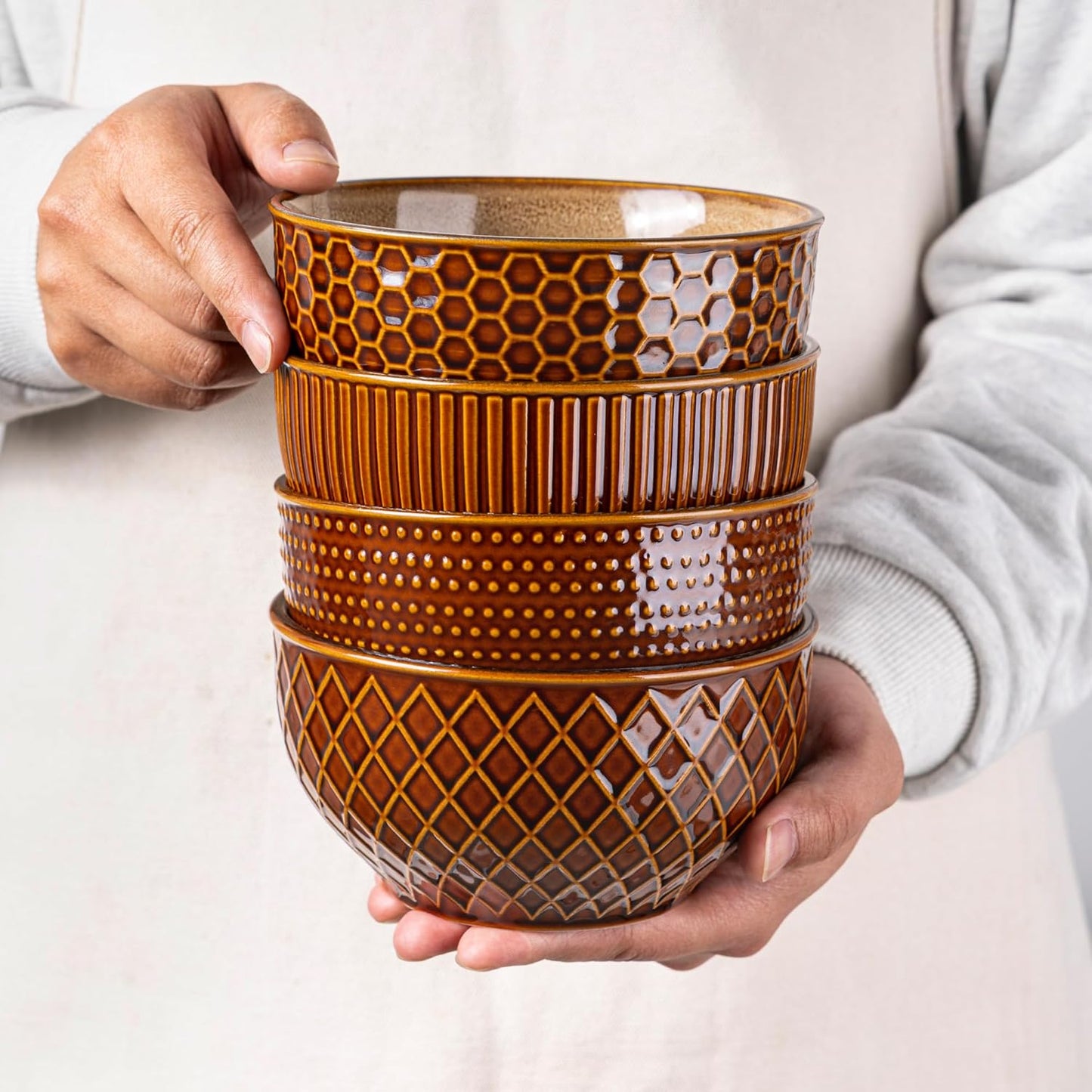 GBHOME Stoneware Cereal Bowls Set of 4, 24 oz Ceramic Soup Bowls with Texture Patterns for Soup,Oatmeal,Snack Perfect for Wedding, House-warming Gift - Caramel