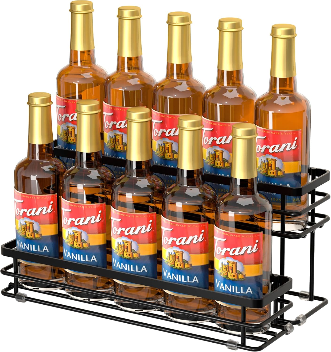 Coffee Syrup Rack Organizer, Syrup Bottle Holder Stand for Coffee Bar, 2-Tier 10 Bottles Storage Shelves for Syrup, Wine, Dressing for Kitchen Countertop (10 Bottles Black)