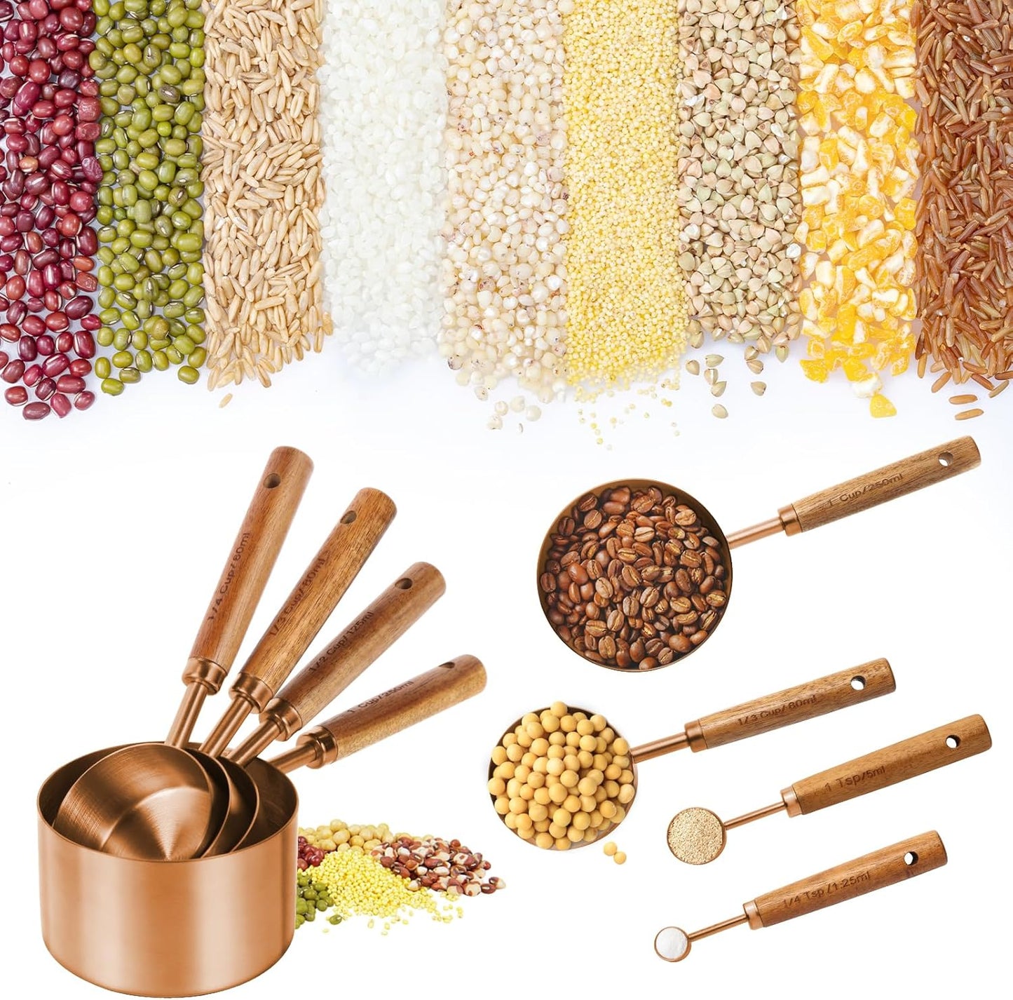 Copper Stainless Steel Measuring Cups and Spoons Set,8 Piece Measuring Cup Set with Wooden Handle and Metric and US Measurements，Copper Polished Finish，for Cooking and Baking in The Kitchen