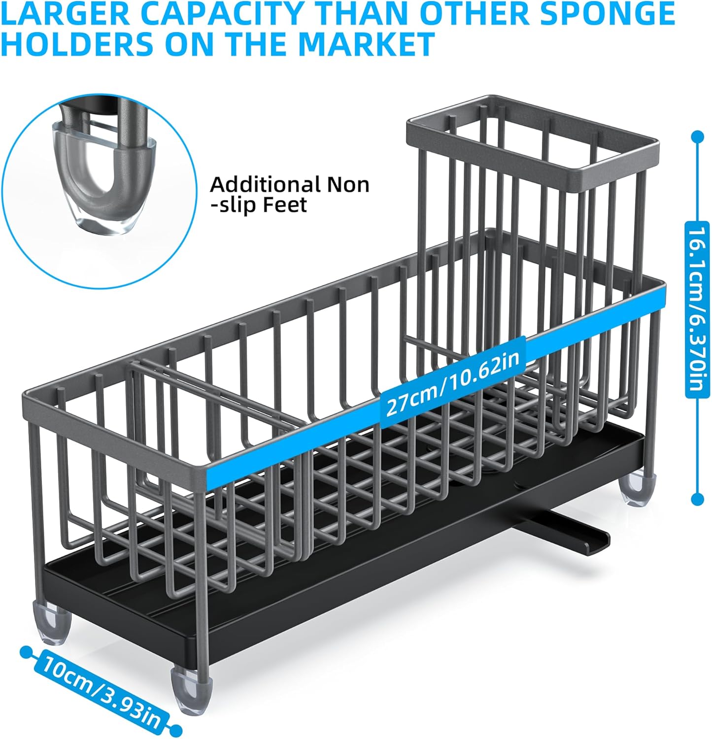 Moforoco Extra Large Sponge Holder for Kitchen Sink Organizer Caddy, Dish Brush Scrubber Holder,Stainless Steel Sink Box Utensil Holder,Soap Dispenser Set Tray Counter Accessories(Grey)