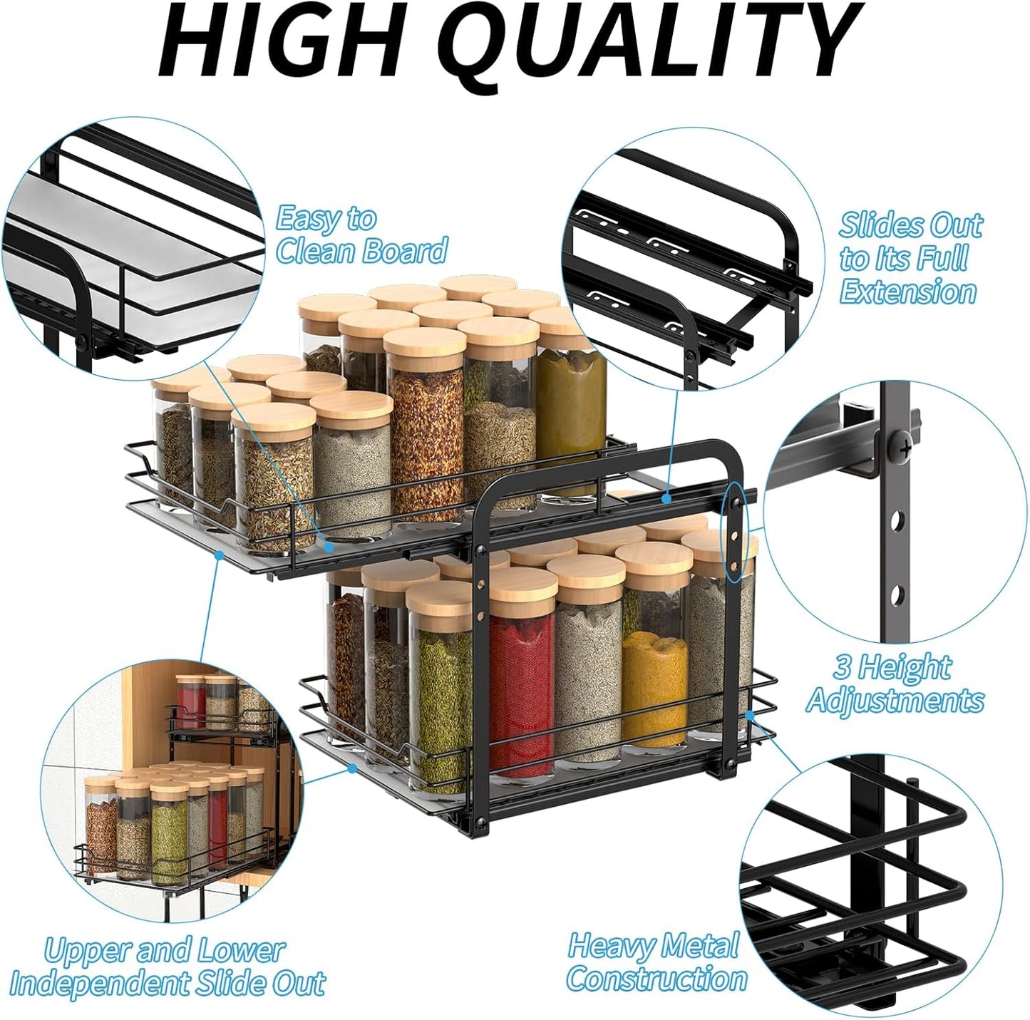 2-Tier Spice Rack, Pull Out Spice Racks Organizer for Cabinet, Height Adjustable Heavy Duty Metal Basket for Inside Cabinets & Pantry Closet (7.5''Wx10.5''Dx9.5''H)