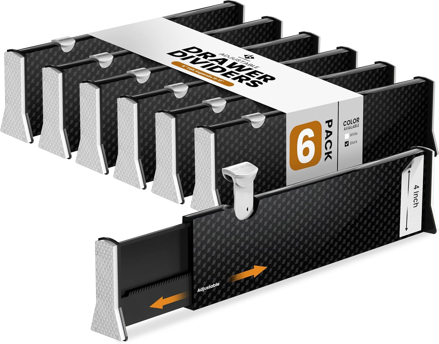 RAPTUROUS Adjustable Drawer Dividers 6 Pack, 4” High, 11-17” Long, Dresser Drawer Organizer for Bedroom, Closet, Kitchen, Nursery, Office, Strong Hold, Soft Foam Edges, Black