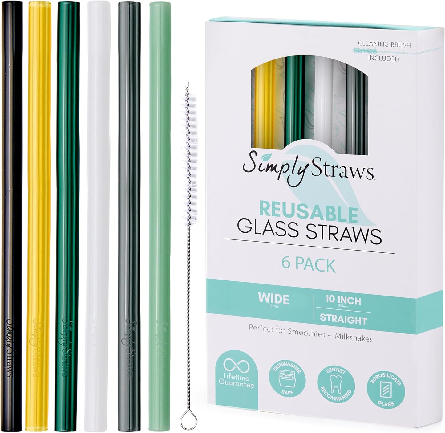 Simply Straws Wide Glass Straws (6-Pack) - 10in x 12mm Reusable Glass Smoothie Straws for Milkshakes, Juices & Slushies, with Cleaning Brush - Dishwasher Safe, Hot & Cold Use, BPA-Free (Fjord Mist)