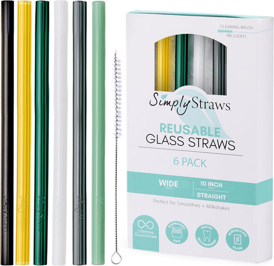Simply Straws Wide Glass Straws (6-Pack) - 10in x 12mm Reusable Glass Smoothie Straws for Milkshakes, Juices & Slushies, with Cleaning Brush - Dishwasher Safe, Hot & Cold Use, BPA-Free (Fjord Mist)