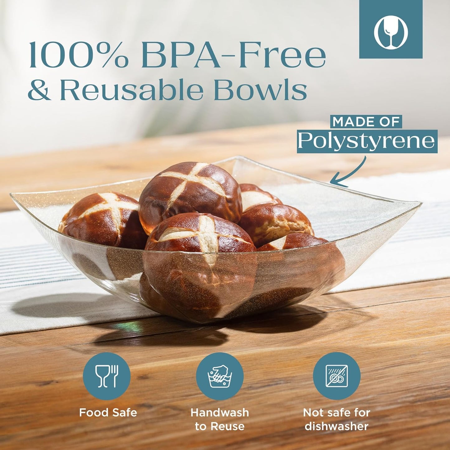 Posh Setting - Gold Glitter Plastic Serving Bowls for Party (64oz - 4 Pack) Square Bowls, Disposable Chip Bowls, Candy Bowls for Party Table, Salad Bowls for Party, Candy Containers for Candy Buffet