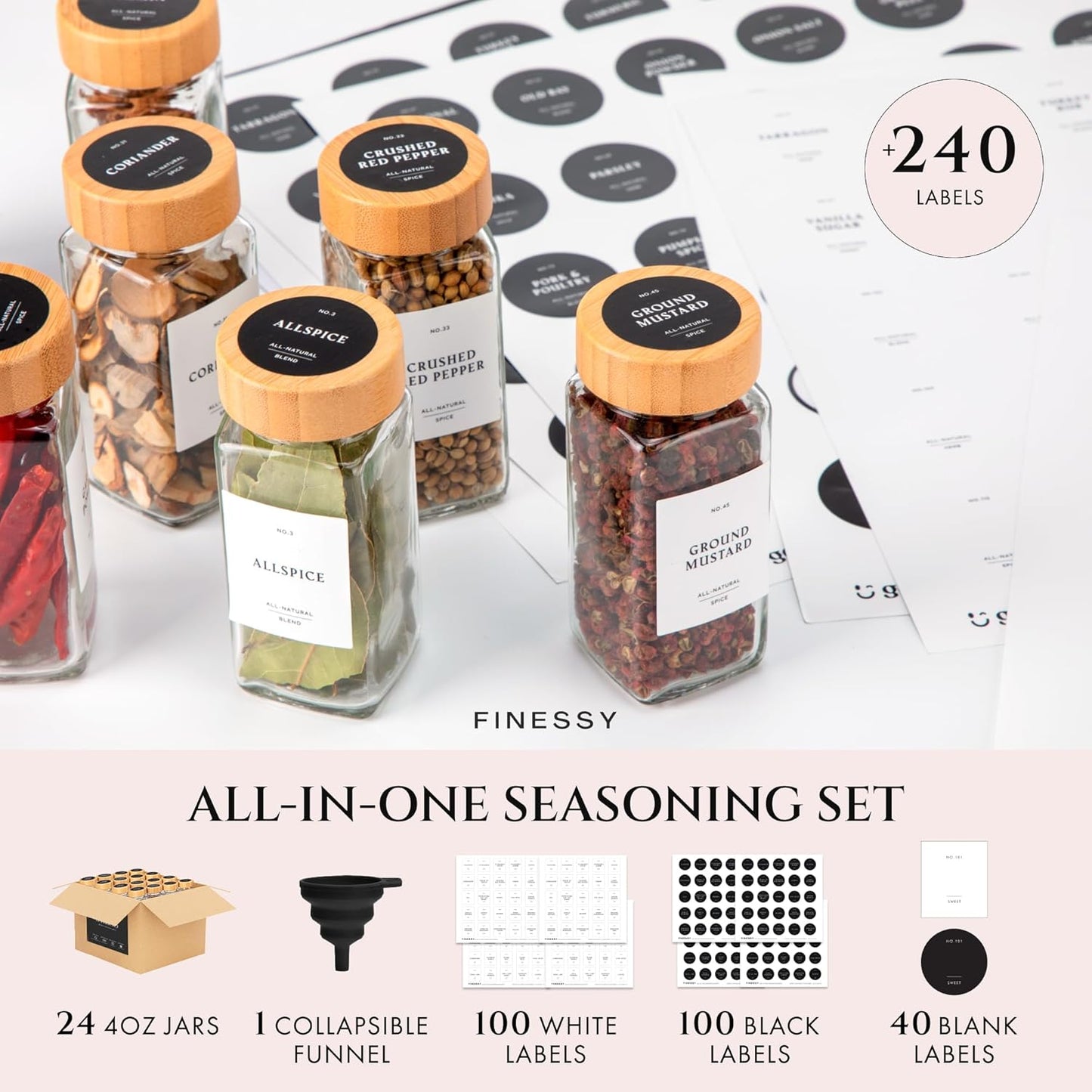 FINESSY Bamboo Glass Spice Jars with Labels and Shaker Lids Clear Empty 4oz 24 Pack Bottles Set, Glass Spice Containers with Labels, Seasoning Organizer Jars