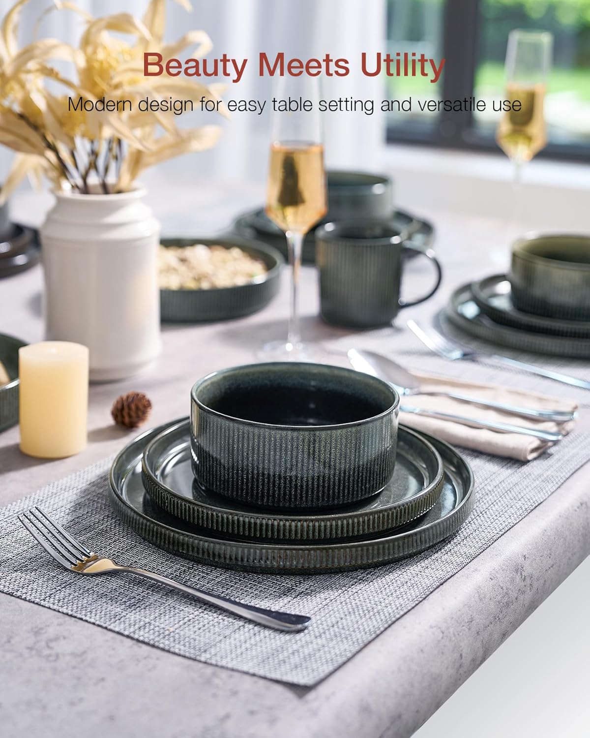 Famiware Star Dinnerware Set, Plates and Bowls Sets for 4 (12pcs), Ribbed Stoneware Dishes - Chip & Scratch Resistant, Microwave & Dishwasher Safe, Deep Forest