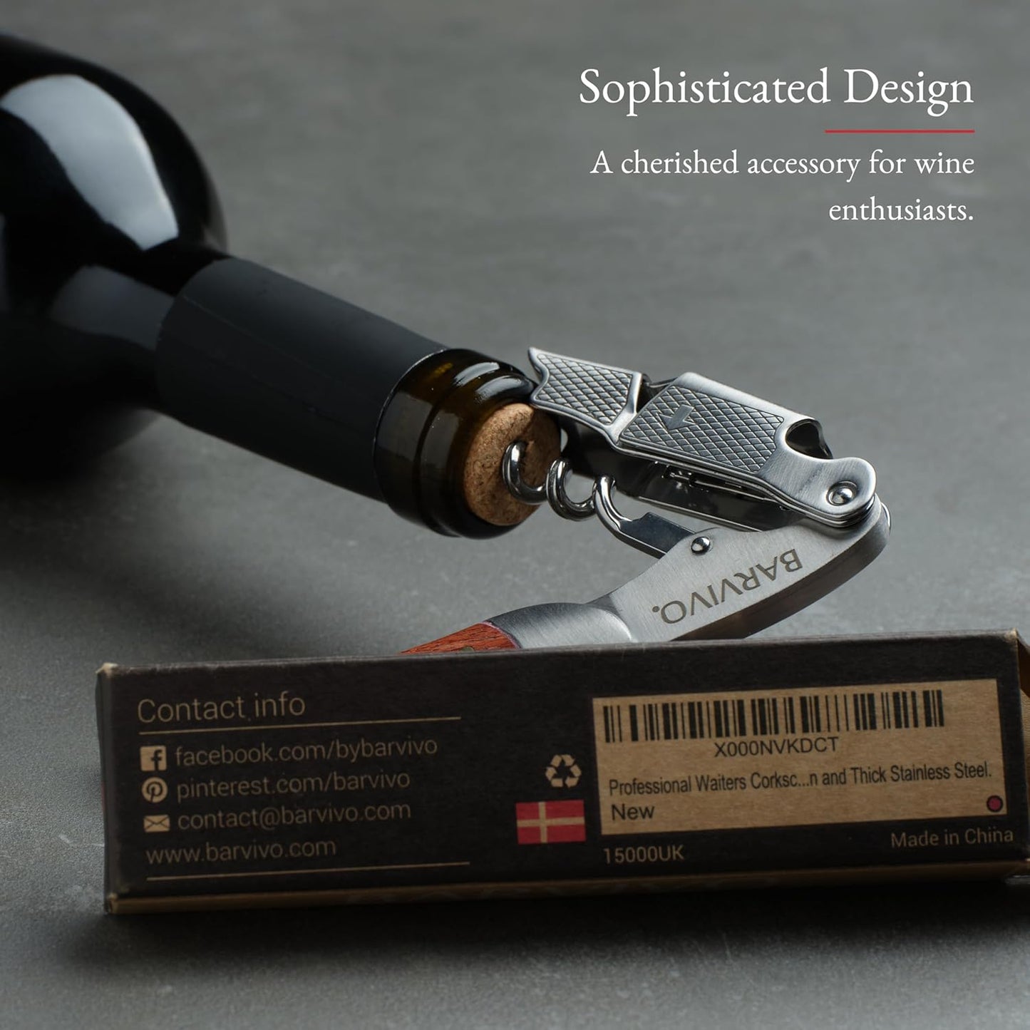 Barvivo Gold Resin Wine Opener with Foil Cutter Knife and Cap Remover, Double Hinged Manual Wine Key for Bartenders, Servers, Waiters, Stainless Steel Wine Bottle Opener Corkscrew