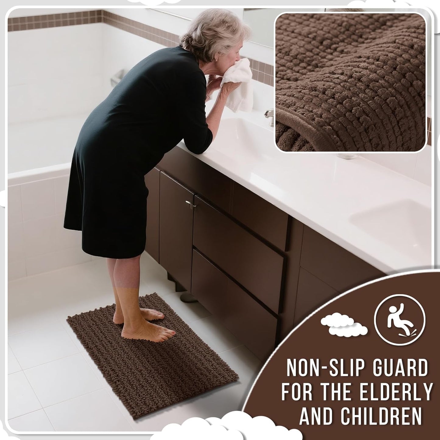 Yimobra Bathroom Rugs Non Slip Washable 32x20 Inch - Ultra Soft Absorbent Chenille Bath Mat, Quick Dry Shaggy Floor Carpet for Tub Shower, Brown Home Decor Accessories