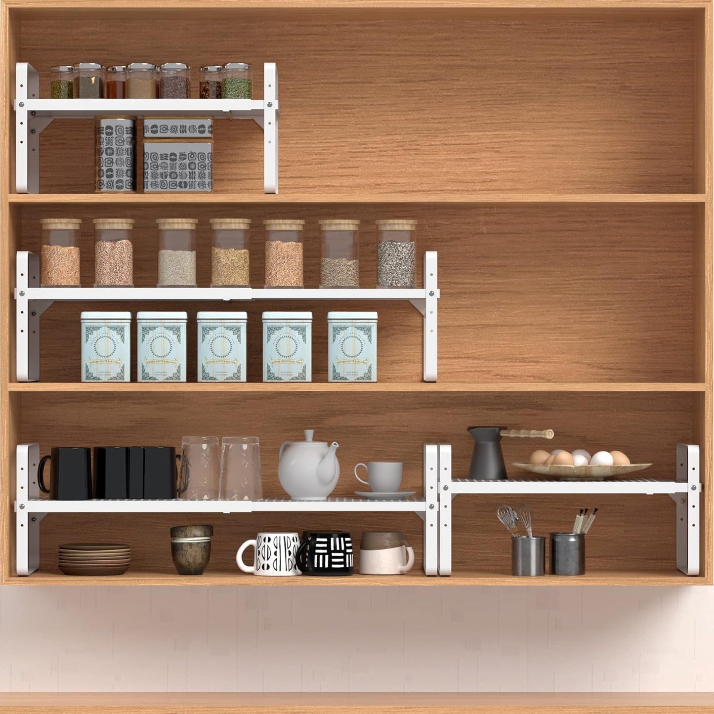 Expandable Cabinet Shelf Organizer Adjustable Metal Spice Rack Stackable Freestanding Counter Storage Shelves for Kitchen Cabinet Under Sink Office Desk (White - 2Pack - L16.5-27'' * W8'' * H9.6'')