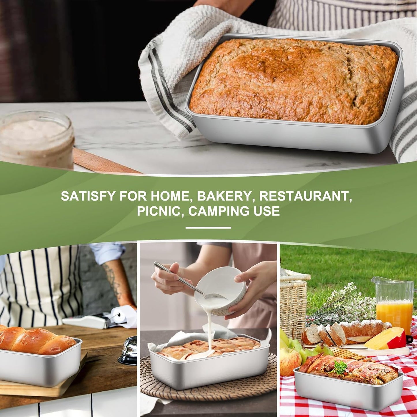 P&P CHEF Loaf Pan Set, 9 x 5 Inch Bread Pans, Stainless Steel Loaf Toast Baking Pans For Bread Meatloaf Lasagna Cake, Healthy & Non Toxic, Oven & Dishwasher Safe,(Silver, 8Pcs)