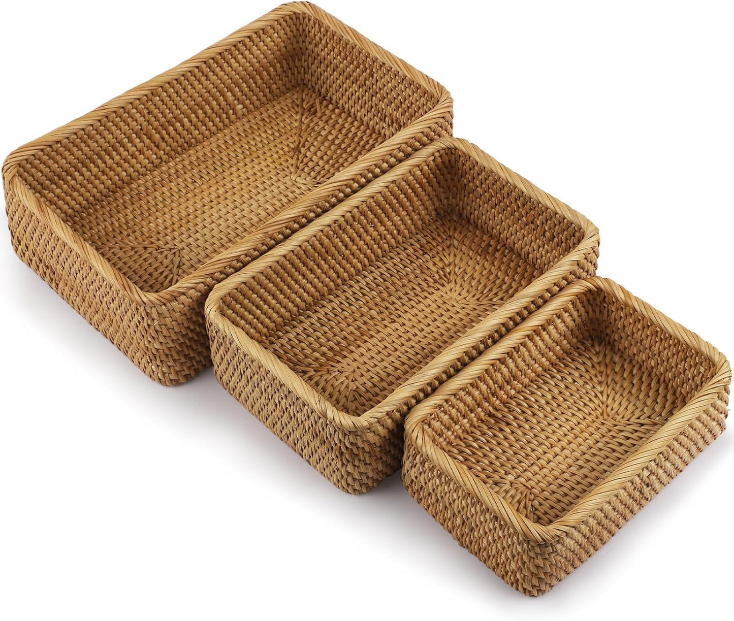Natural Rattan Storage Baskets Set of 3 natural rattan Rectangular braided wicker box,fruit basket wicker basket, baskets for Organizing Container Bins for Shelves Cupboards Drawer