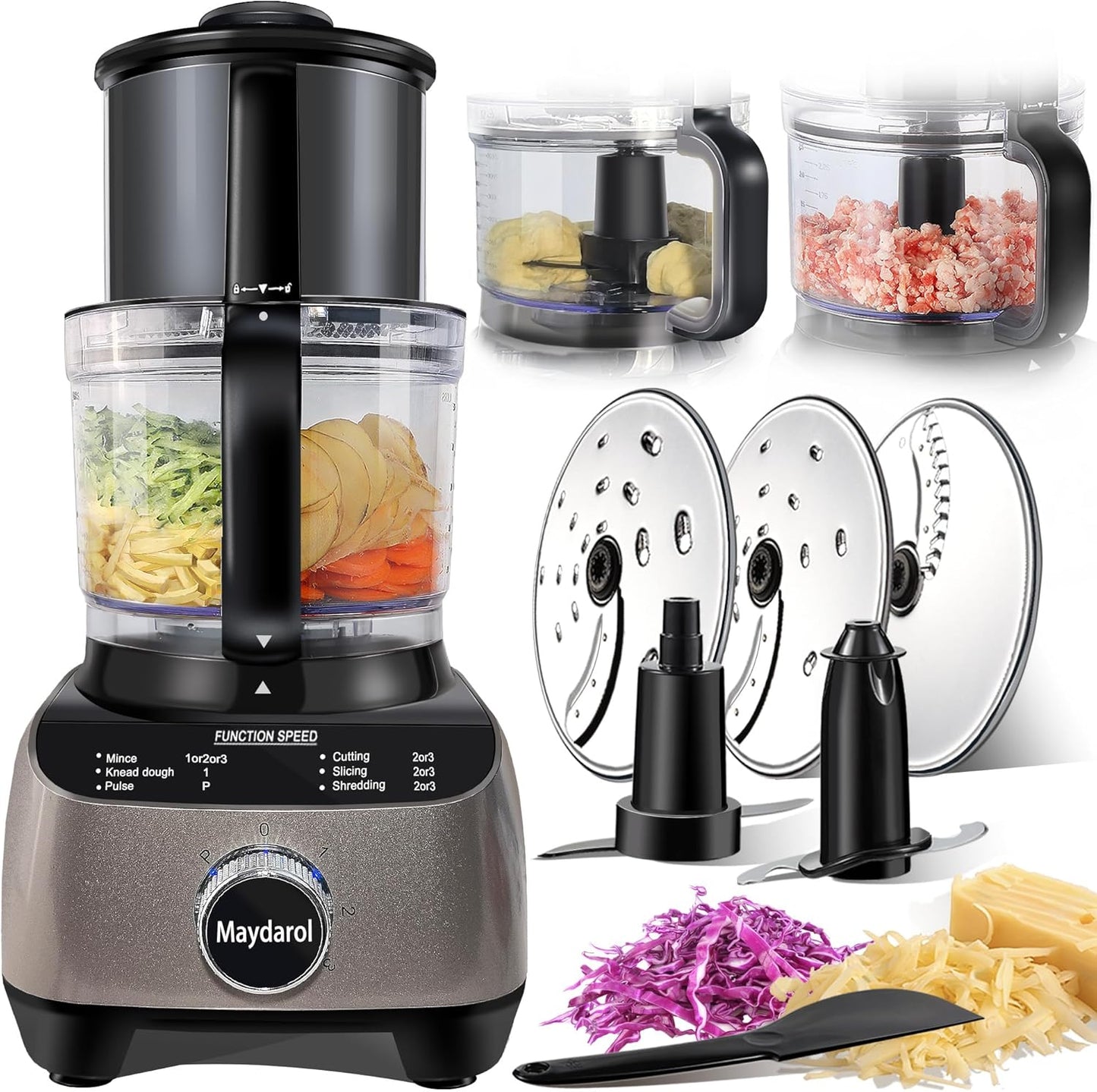 14 Cup Food Processor, French-Fry-Cutter, Blending, Mixing, Shredding, and Slicing, Meat and Vegetable Chopping, Doughing for Home Use, Mincing, and Pureeing,4 Speeds,600W