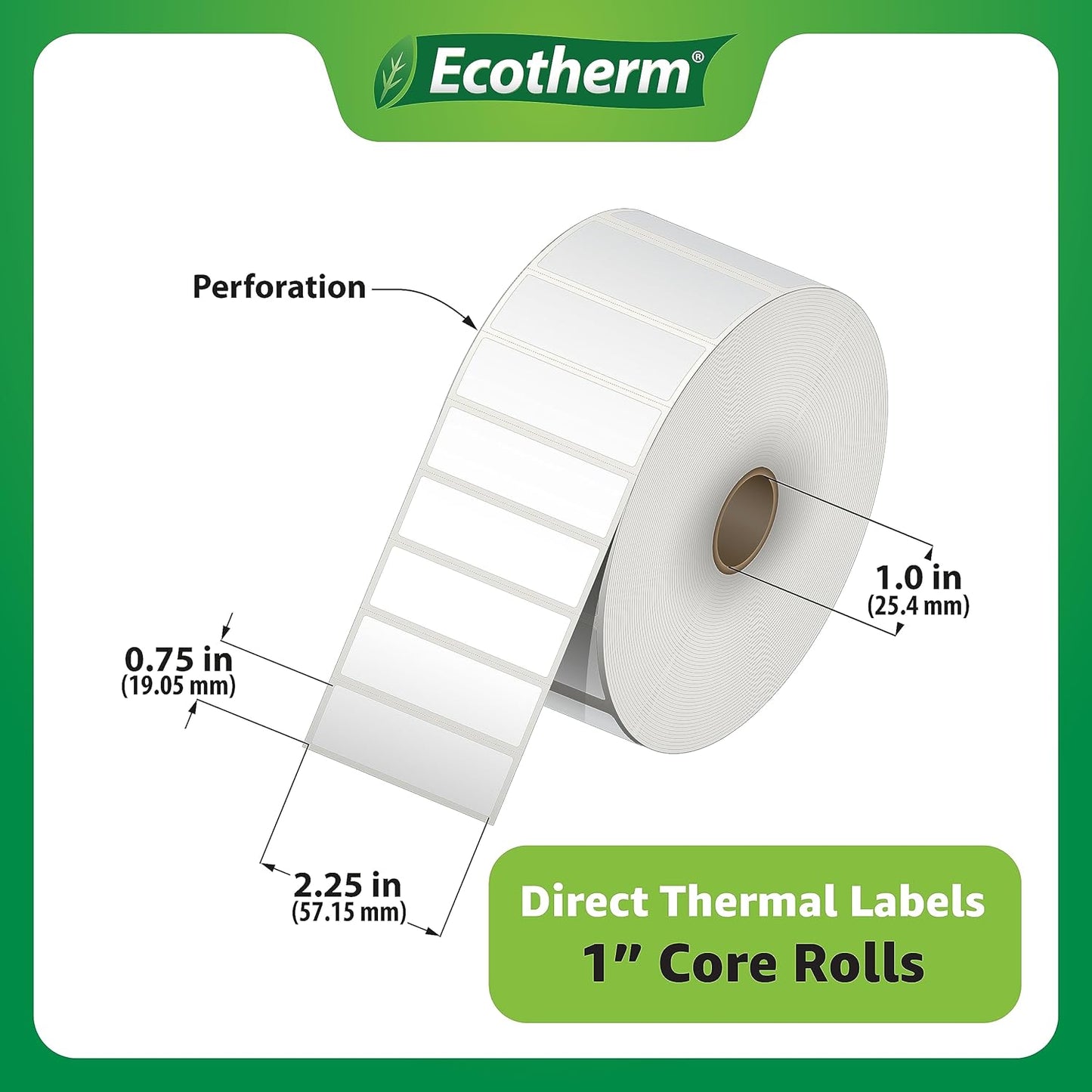 2.25" x .75" Thermal Labels | 6 Rolls | 19890 Labels | fits Zebra, Munbyn, Rollo, Godex, Arkscan, iDPRT, Offnova Thermal Label Printers and More | Blank White Adhesive Stickers by Ecotherm