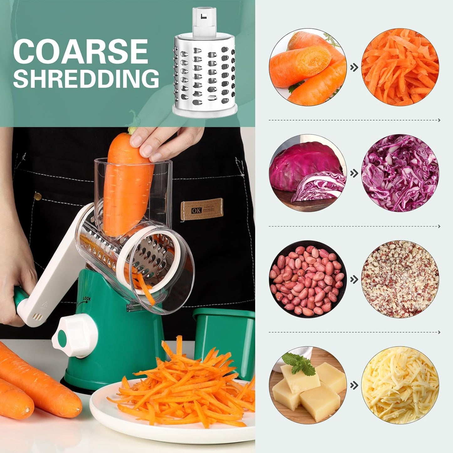 Cambom Rotary Cheese Grater Hand Crank Cheese Shredder for Fresh Cheese, Vegetable, Nuts,Non-slip Suction Base, Free Cleaning Brush Three Blades, Deep Green