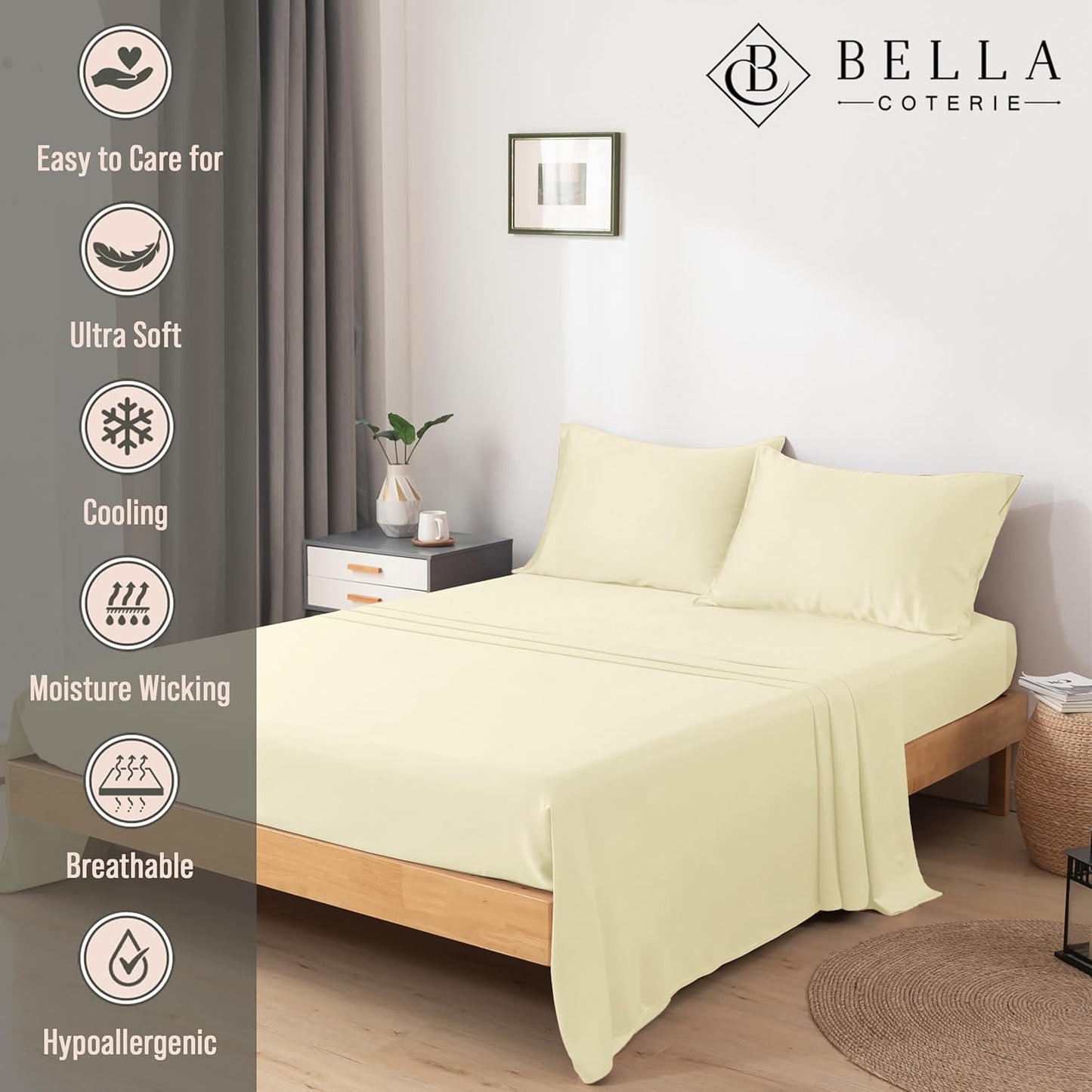 Bella Coterie Luxury Bamboo Viscose King Size Sheet Set | 100% Organically Grown | Ultra Soft | Cooling for Hot Sleepers | 18" Deep Pocket [Lemonade]