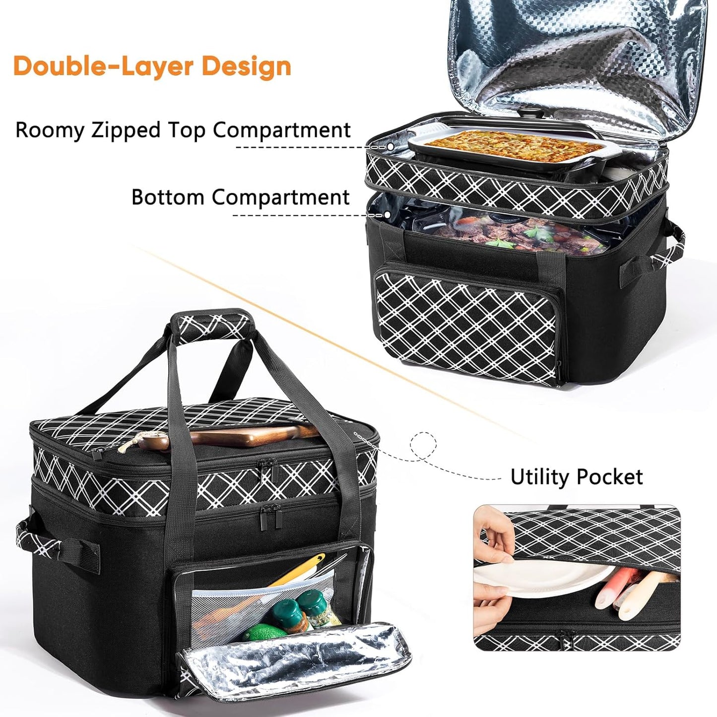 Double Layer Slow Cooker Carrier Bag – Fits 6–8 Qt Oval Slow Cooker Compatible with CrockPot & Hamilton Beach | Insulated Travel Tote with Utensil Storage & Adjustable Straps