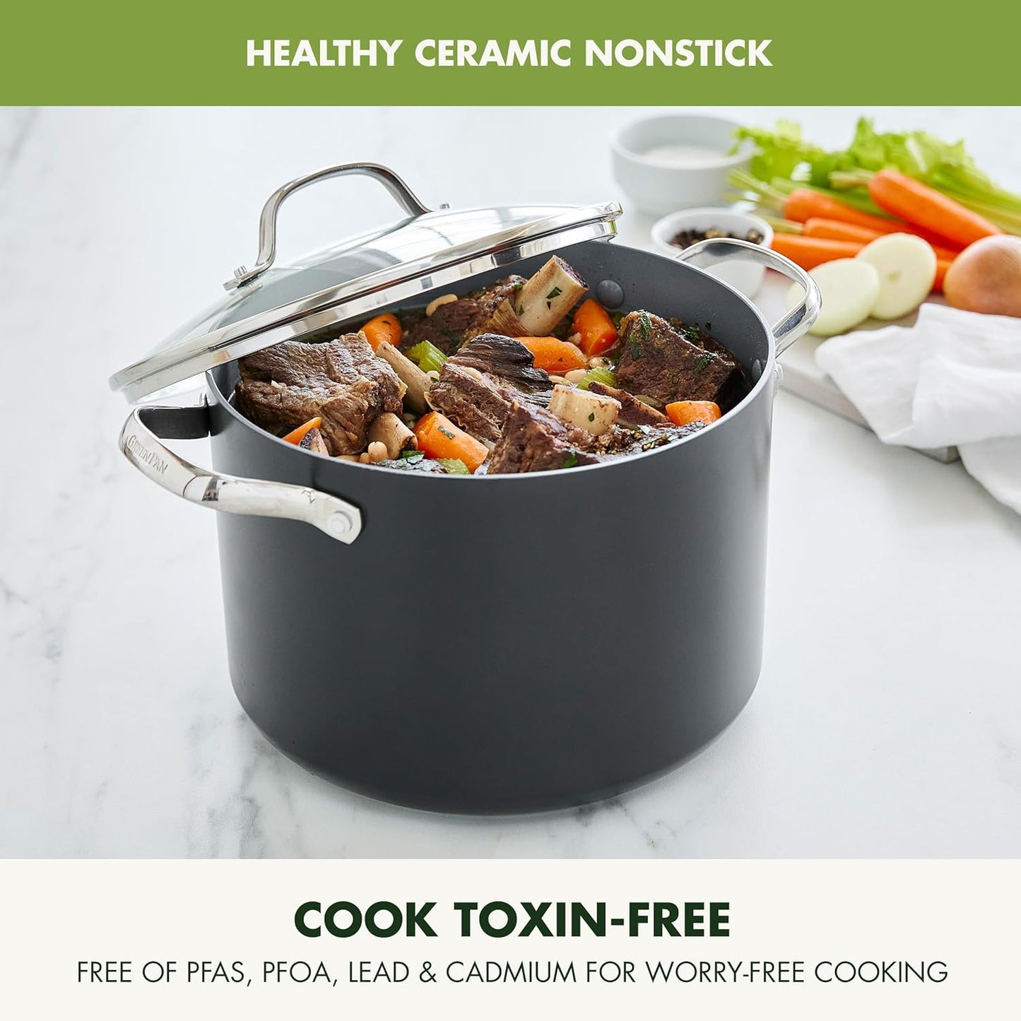 GreenPan Valencia Pro Hard Anodized Healthy Ceramic Nonstick 8QT Stock Pot with Lid, PFAS-Free, Induction, Dishwasher Safe, Oven Safe, Gray