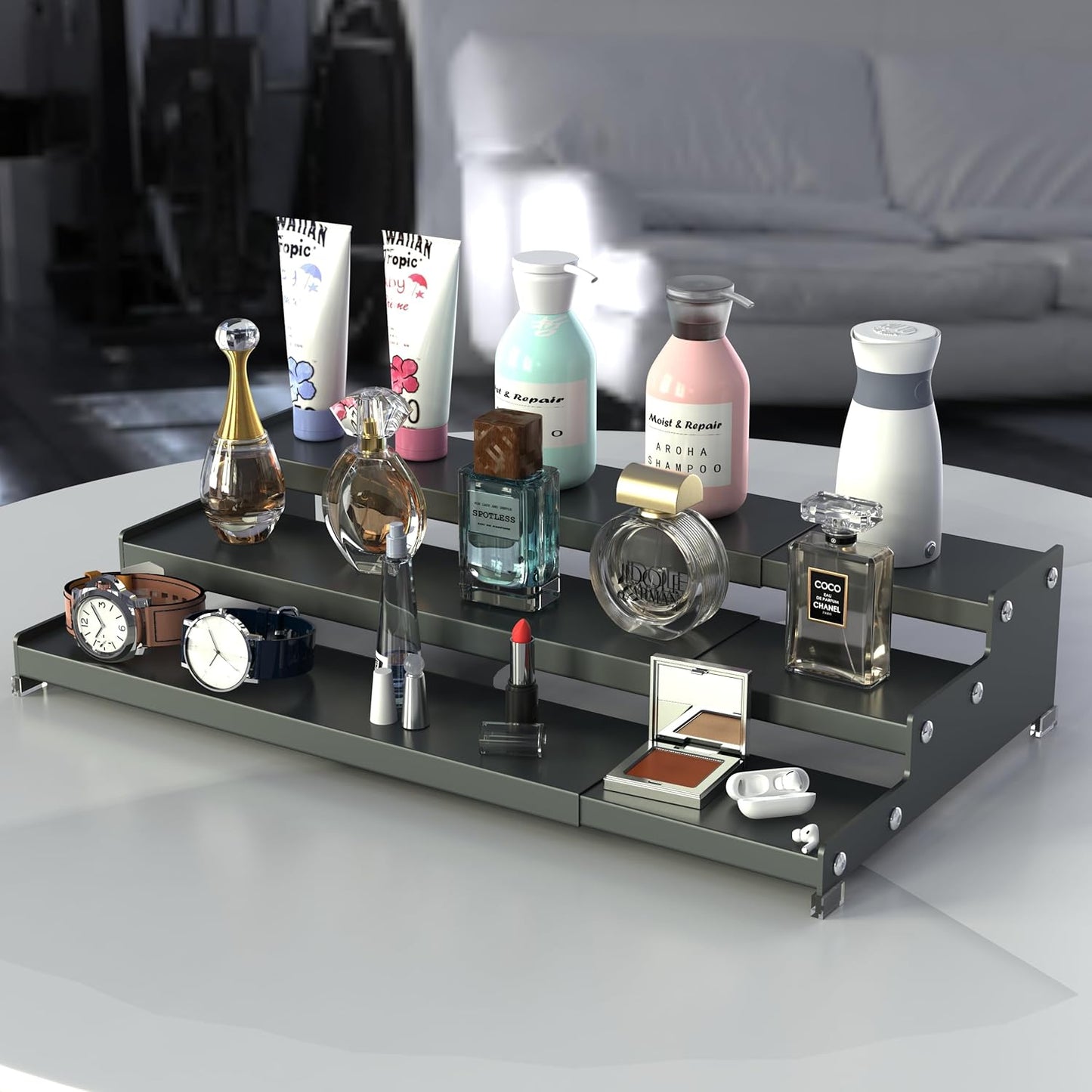 Expandable Spice Rack Storage organizer with 3-Tier step shelf cabinet,seasoning racks organizion.Great for Kitchen countertop shelves,Bathroom,dressing table,Cupboard,Pantry and more(1pack/Gun-gray)