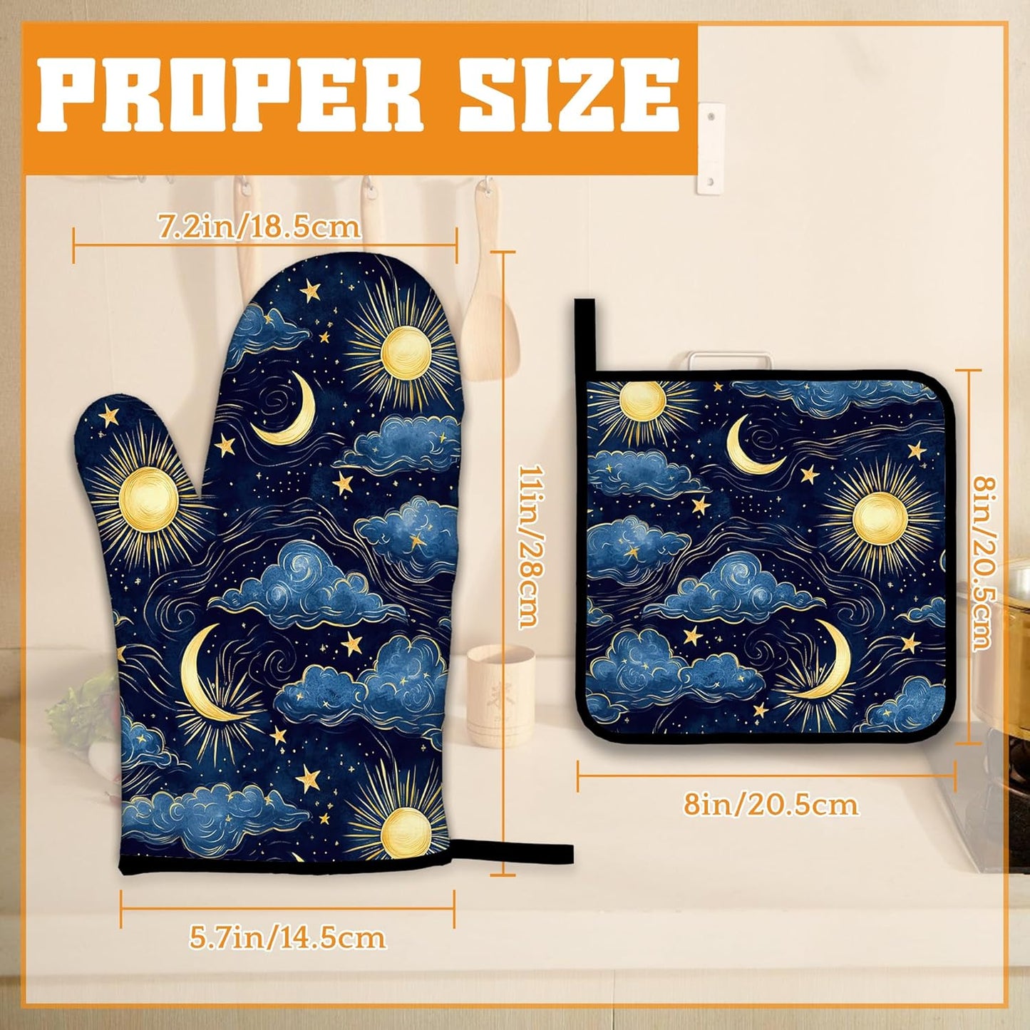 Starry Night Oven Mitts and Pot Holders Set,Sun Moon Kitchen Oven Gloves and Pot Holder with Heat Resistant Non Slip for Cooking Baking Grilling(4 Piece Set)