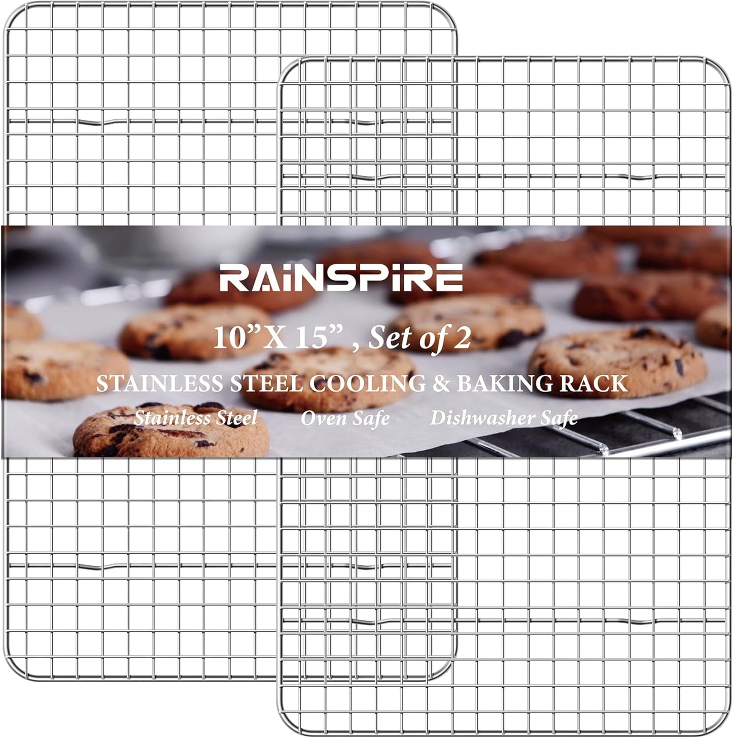 Rainspire 2-Pack Cooling Rack 10" x 15" Stainless Steel Heavy Duty Cooling Racks for Cooking and Baking Oven Safe Wire Rack for Cooking Baking Rack for Oven Cooking Fits Jelly Roll Pan
