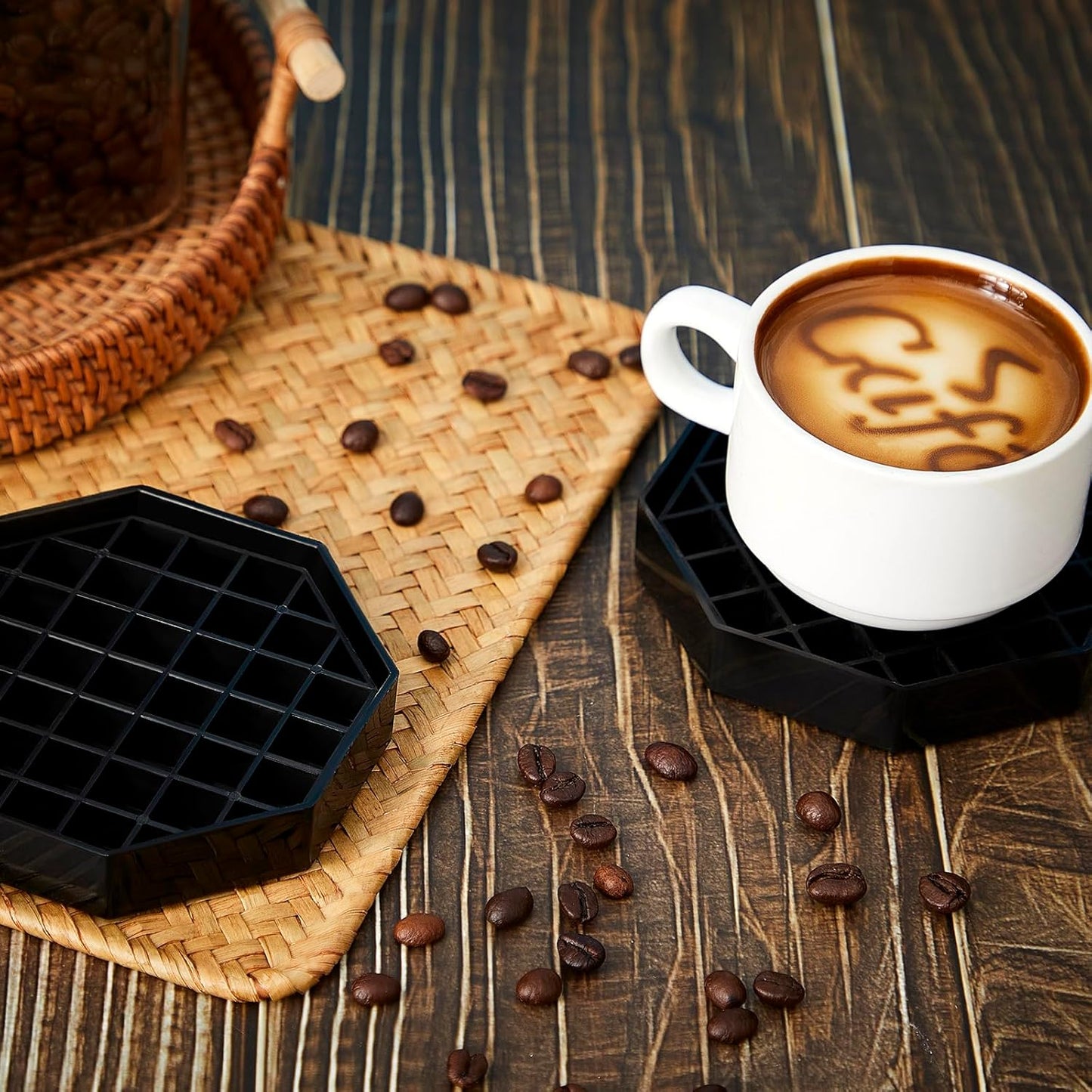 Suclain 8 Pcs 4 Inch Coffee Drip Tray Black Plastic Octagon Coffee Countertop Drip Coaster with Honeycomb Grid for Drink Tea Wine Beverage Dispenser