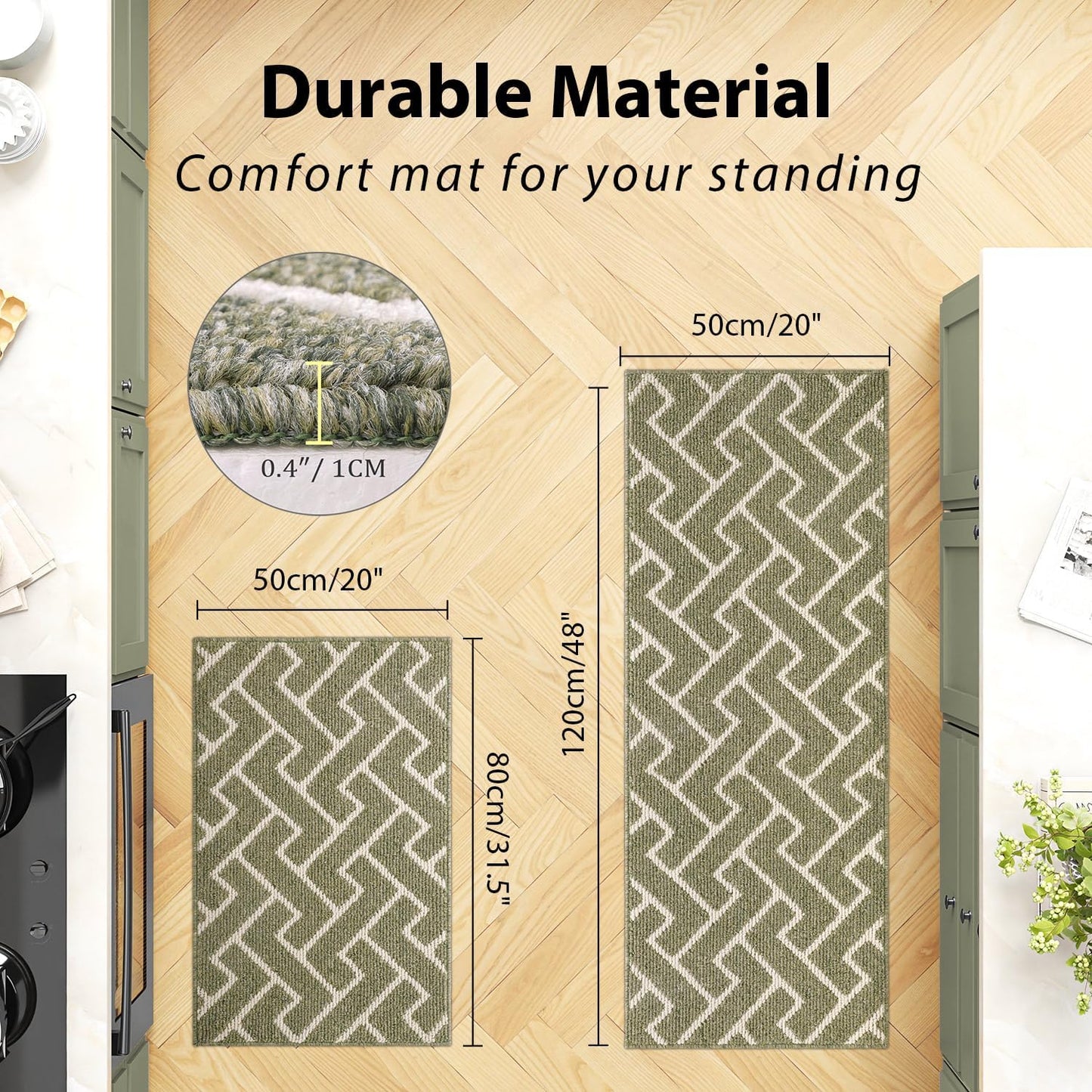 hicorfe Kitchen Rugs and Mats Sets,Non-Slip 2 Pieces Absorbent 100% Polypropylene Rug,Comfort Kitchen Runner Mat,Washable for Kitchen,Sink,Laundry(20" x 31.5" Plus 20" x 48",Green)