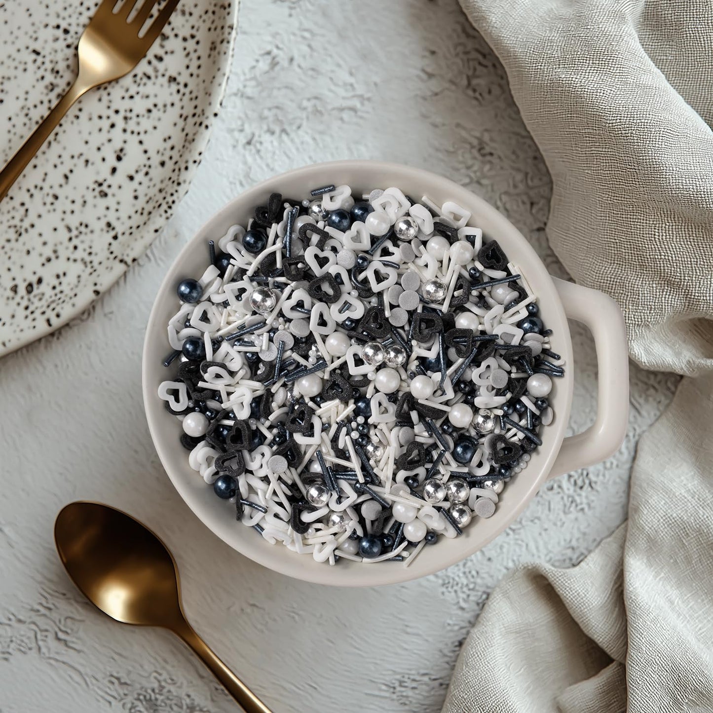 Black and White Heart Sprinkles for Cake Decorating 4.23ounce - Sugar Mix Contains Heart & Silver Pearl Sprinkles for Cupcake Toppers, Ice Cream, Candy, Cookie Decorations - Holiday Party Supplies