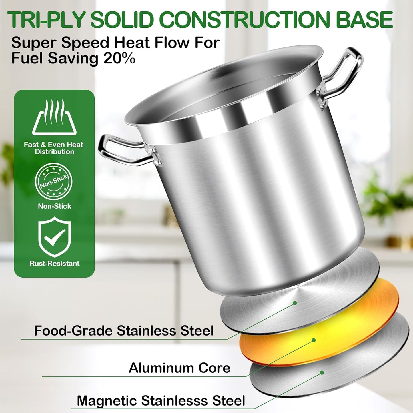 20 Quart Soup Pot with Lid – Stainless Steel Stock Pot, Heavy Duty Cooking Pot for Soup, Pasta, Stew – Induction & Oven Safe, Commercial & Home Use