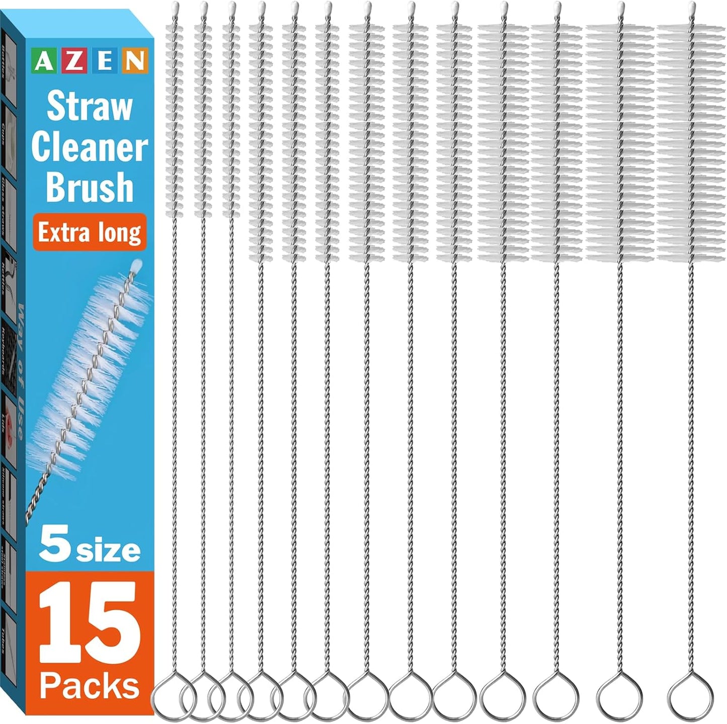 AZEN 15 Pack Straw Cleaner Brush Set, 12 inch Extra Long, 5 Different Diameters Reusable Cleaning Brush for Sippy Cup, Water Bottle and Tubes