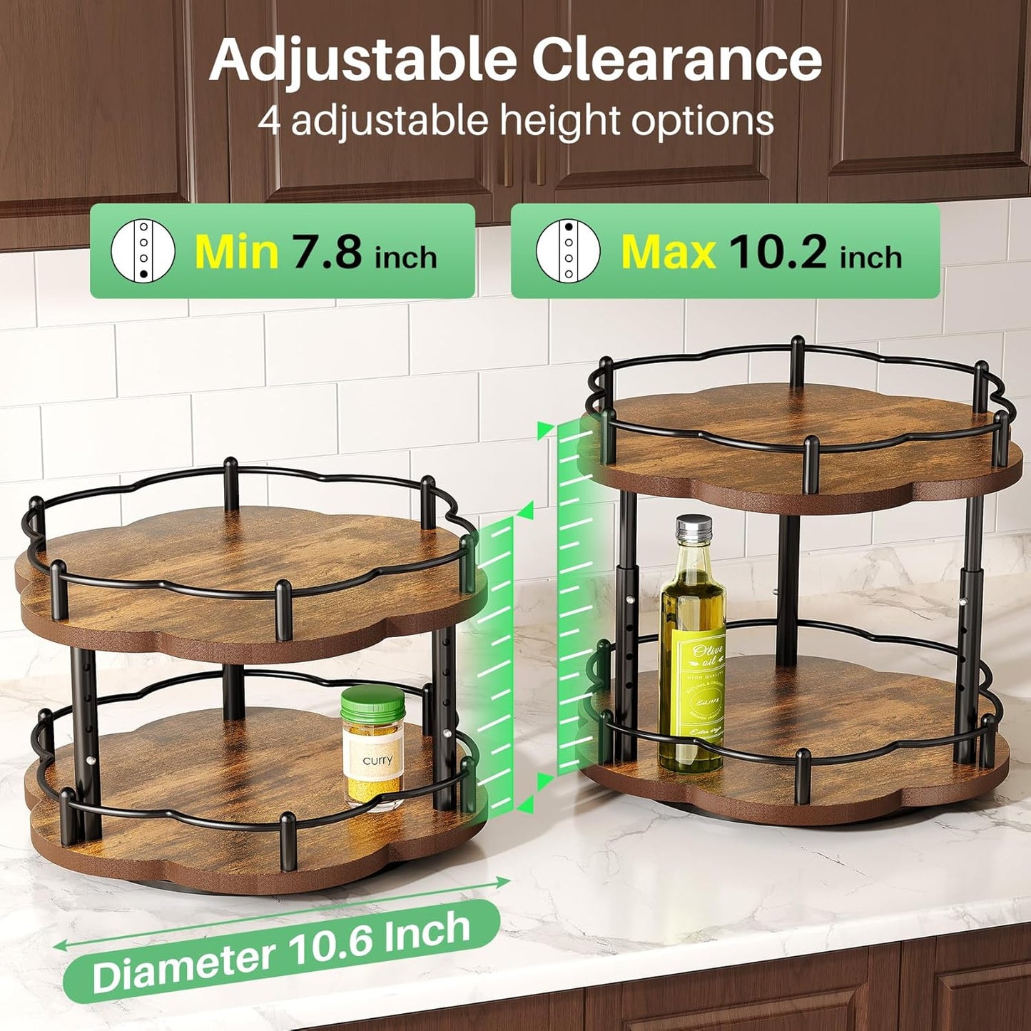 Lazy Susan Spice Rack Organization for Cabinet - 2 Tier Adjustable Height Lazy Turntable Spice Organizer for Kitchen Countertop & Pantry, Wood 10 Inch Seasoning Storage, Black