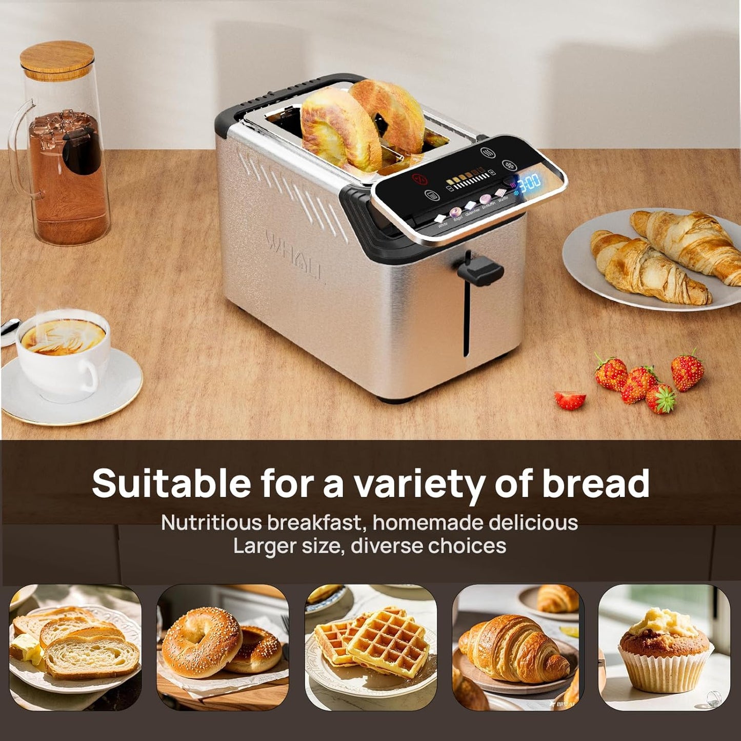 WHALL Toaster 2 Slice, Touch Screen Toasters with Projection Display, 1.5" Wide Slot, 5 Bread Types & 11 Shade Settings, Digital Timer, Warming Rack, Crumb Tray, Reheat/Defrost, Silver