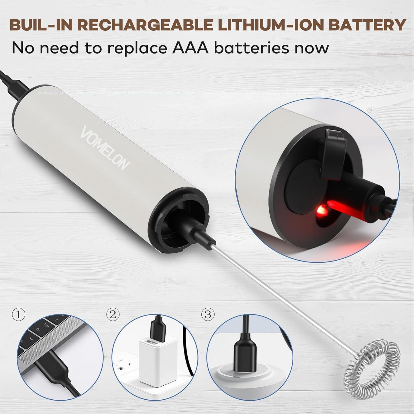 Milk Frother, Rechargeable Battery Operated Frother for Coffee,Portable Drink Mixer with 2 Stainless Steel Whisk Heads,Milk Foamer for Keto Coffee, Latte, Cappuccino, Hot Chocolate,White