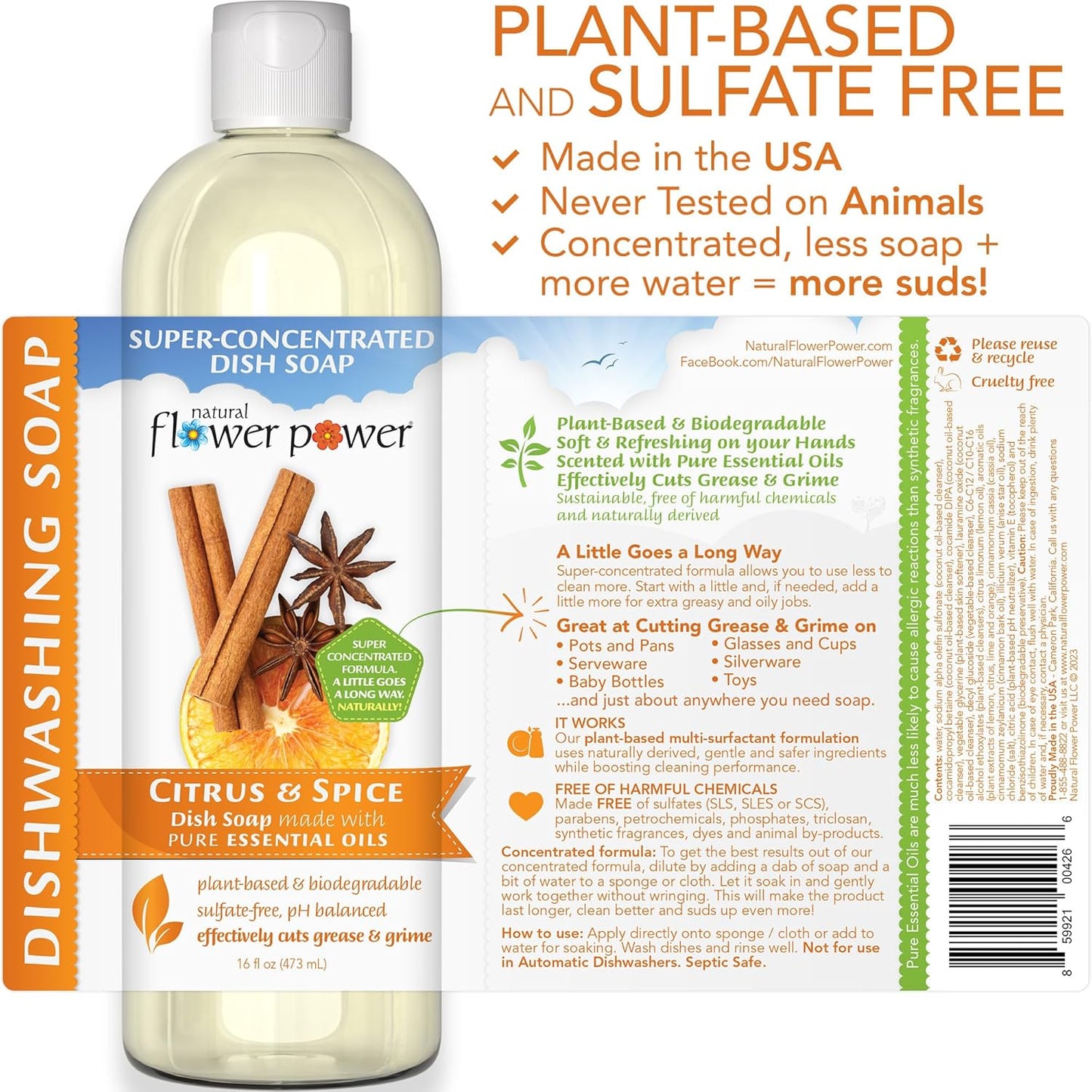 Liquid Dish Soap – Citrus & Spice – Plant-Based & Scented w/ Pure Essential Oils – Natural Liquid Dishwashing Detergent – Sulfate-Free Kitchen Soap – Vegan (16 Fl Oz 3 Pack)