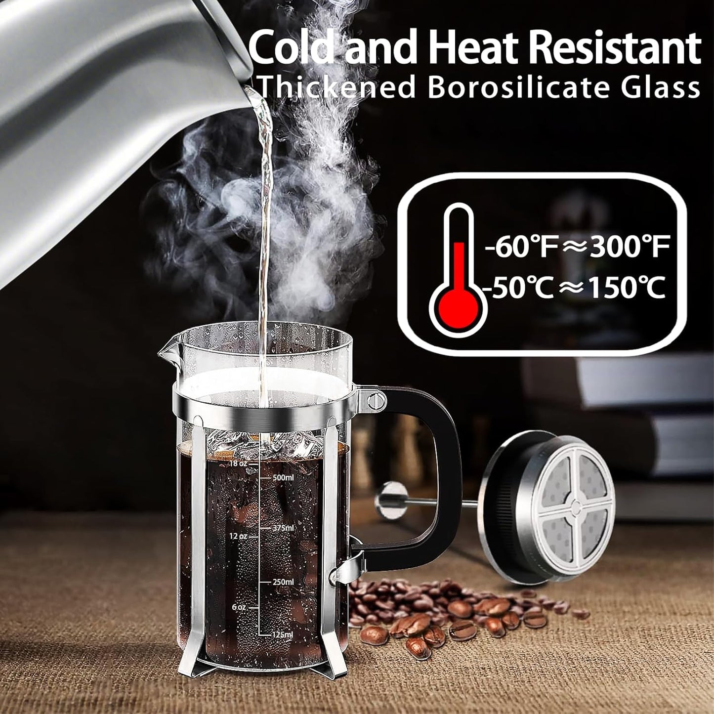 French Press Coffee Maker 304 Stainless Steel Coffee Press,with 4 Filters System, Heat Resistant Thickness Borosilicate French Press Glass, BPA-Free Brewed Tea Pot Coffee Plunger(Copper 12oz)
