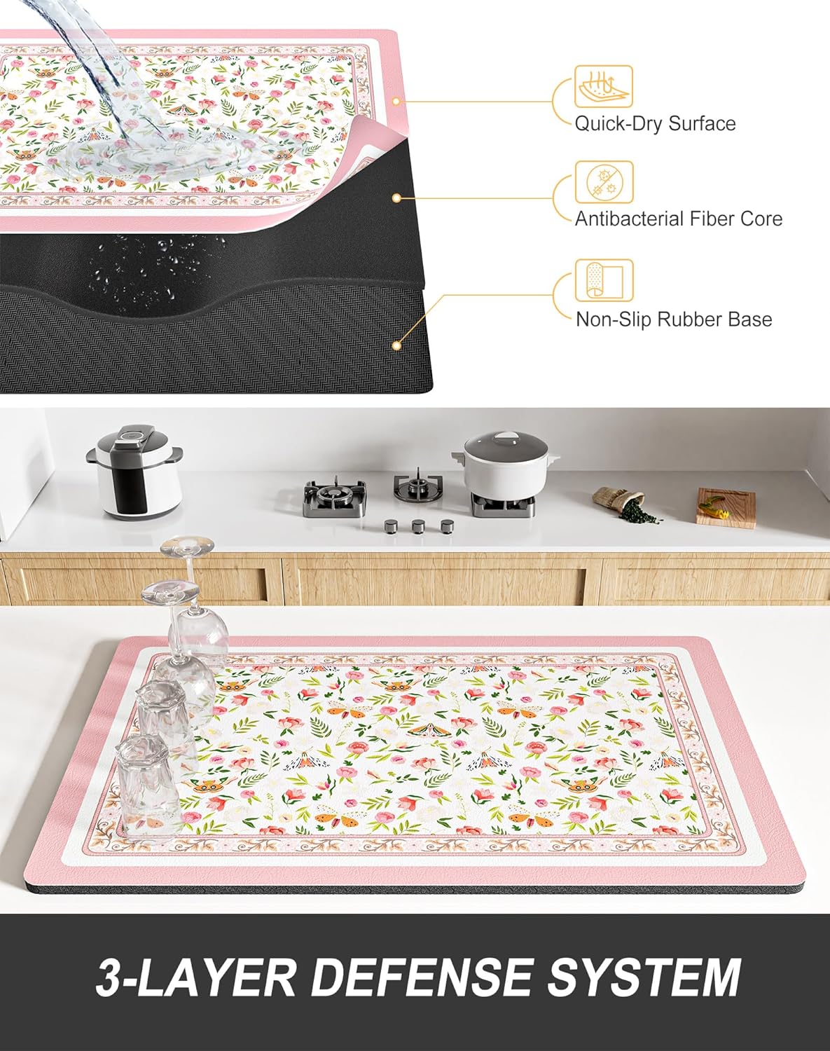 Rnivvi Dish Drying Mat for Kitchen Counter, XL 15 x 24" Cute Flower Theme Absorbent Draining Pad, Non-Slip Heat Resistant Coffee Bar Mats for Coffee Machine Station Accessories, Pink Dish Rack Pad