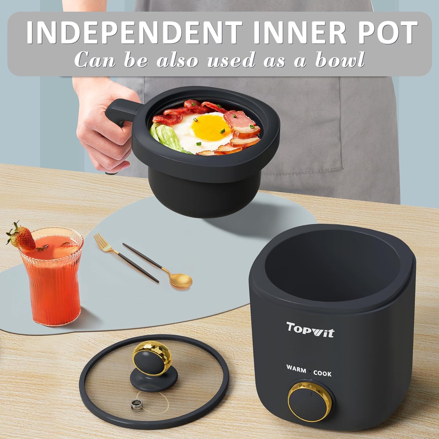 TOPWIT Rice Cooker Small, Mini Rice Cooker 2 Cups Uncooked, 1.2L Portable Rice Maker with Non-stick Coating, BPA Free, One Touch & Keep Warm Function, Grey