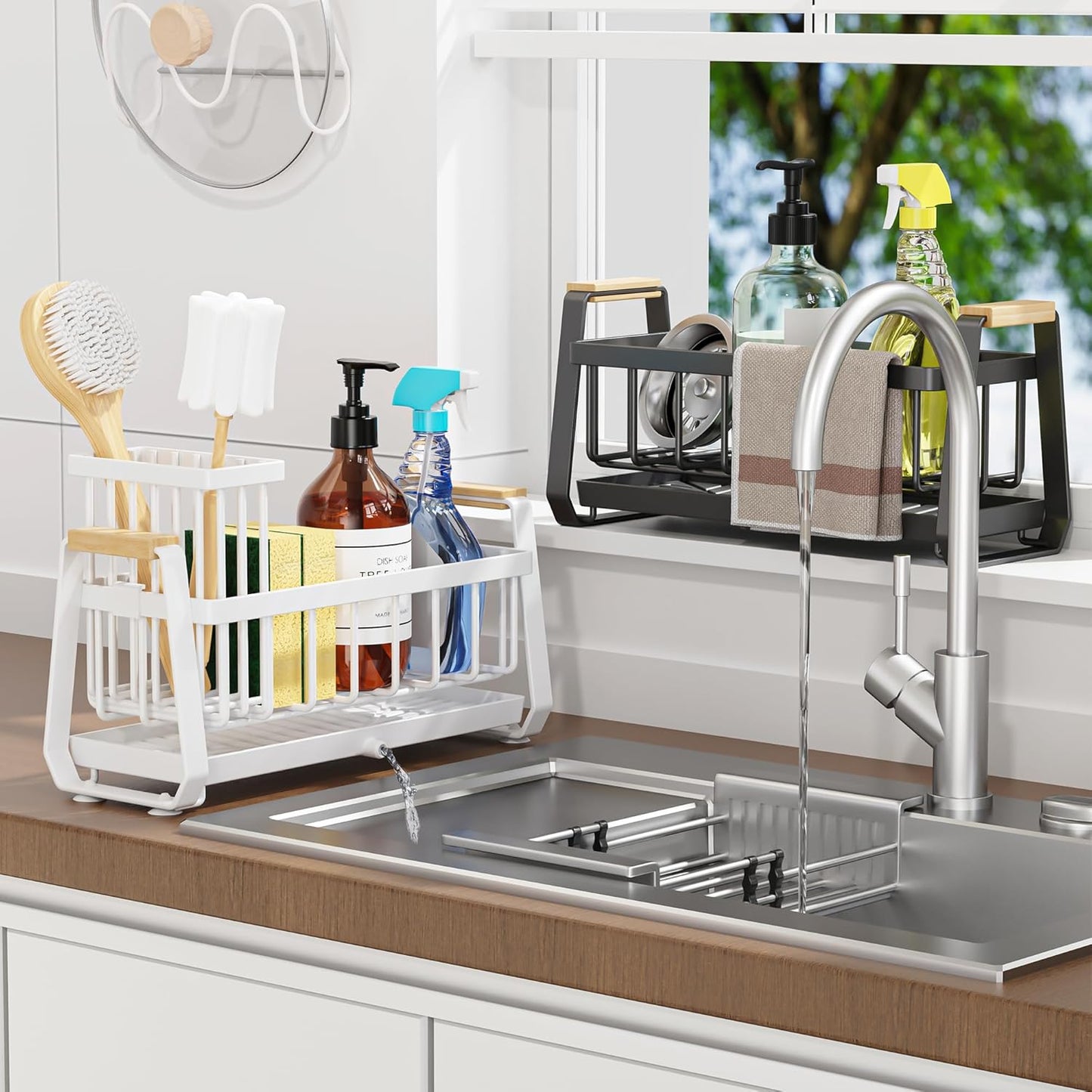 Doasuwish Kitchen Sink Caddy with High Brush Holder,Self-Draining kitchen Countertop Organizer,Rustproof 304 Stainless Steel,Non-Slip Stability High Storage Sponge Holder for Kitchen Sink White