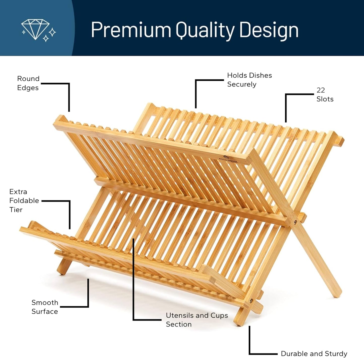 RoyalHouse Premium Natural Bamboo Dish Rack, Collapsible Dish Drainer, Foldable and Compact Dish Drying Rack for Kitchen Counter